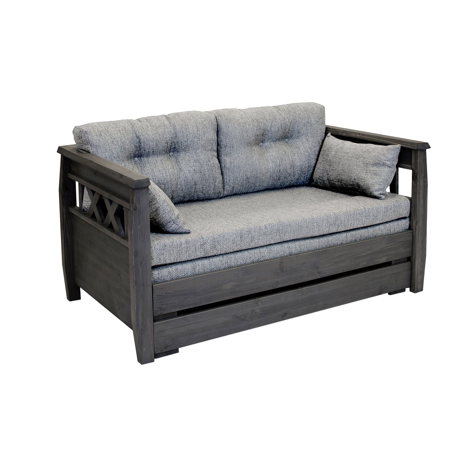 Harmaa Reimari-laverisohva vaaleanharmaalla Hygge-kankaisella Tupla-taittopatjasarjalla.