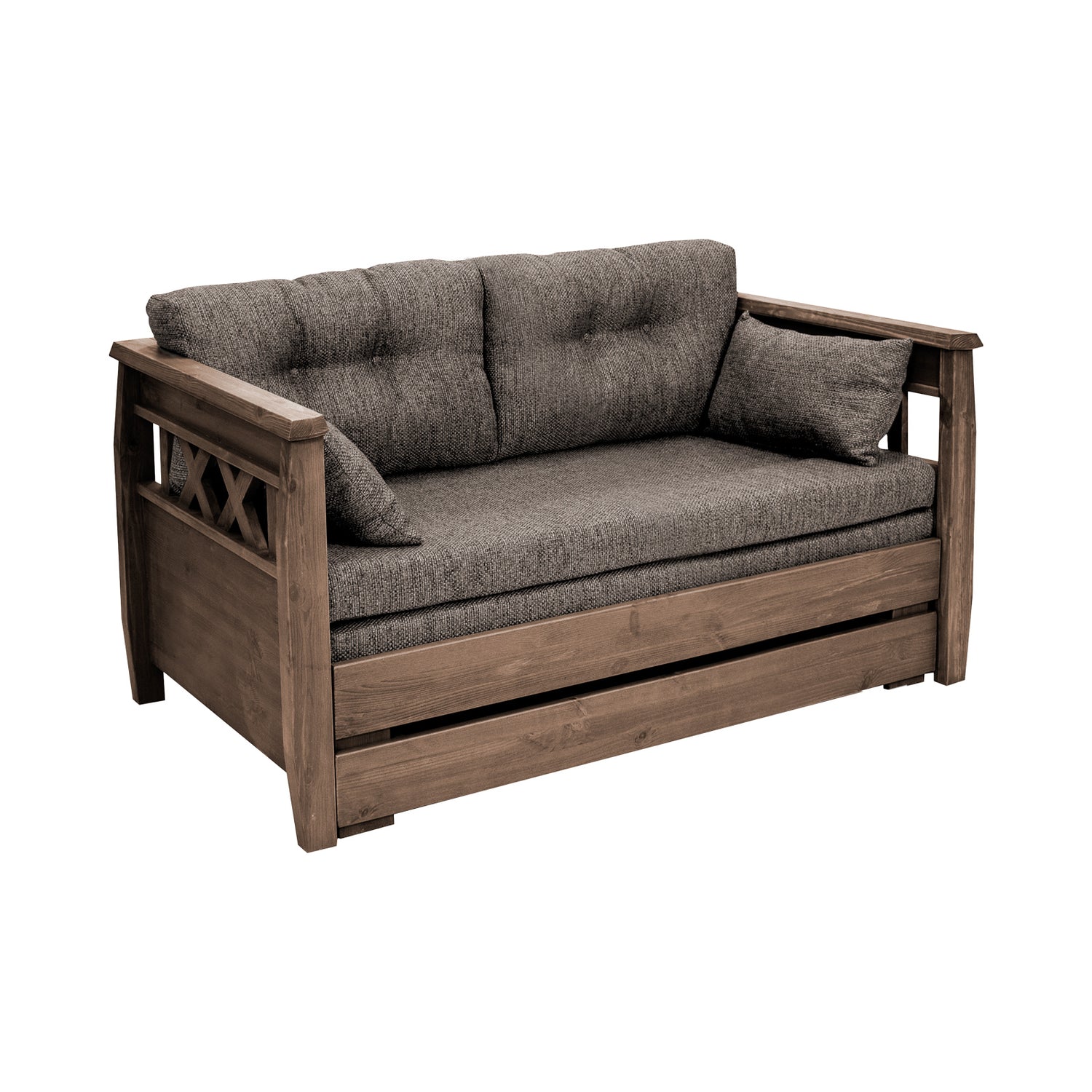 Ruskea Reimari-laverisohva ruskealla Hygge-kankaisella Tupla-taittopatjasarjalla.