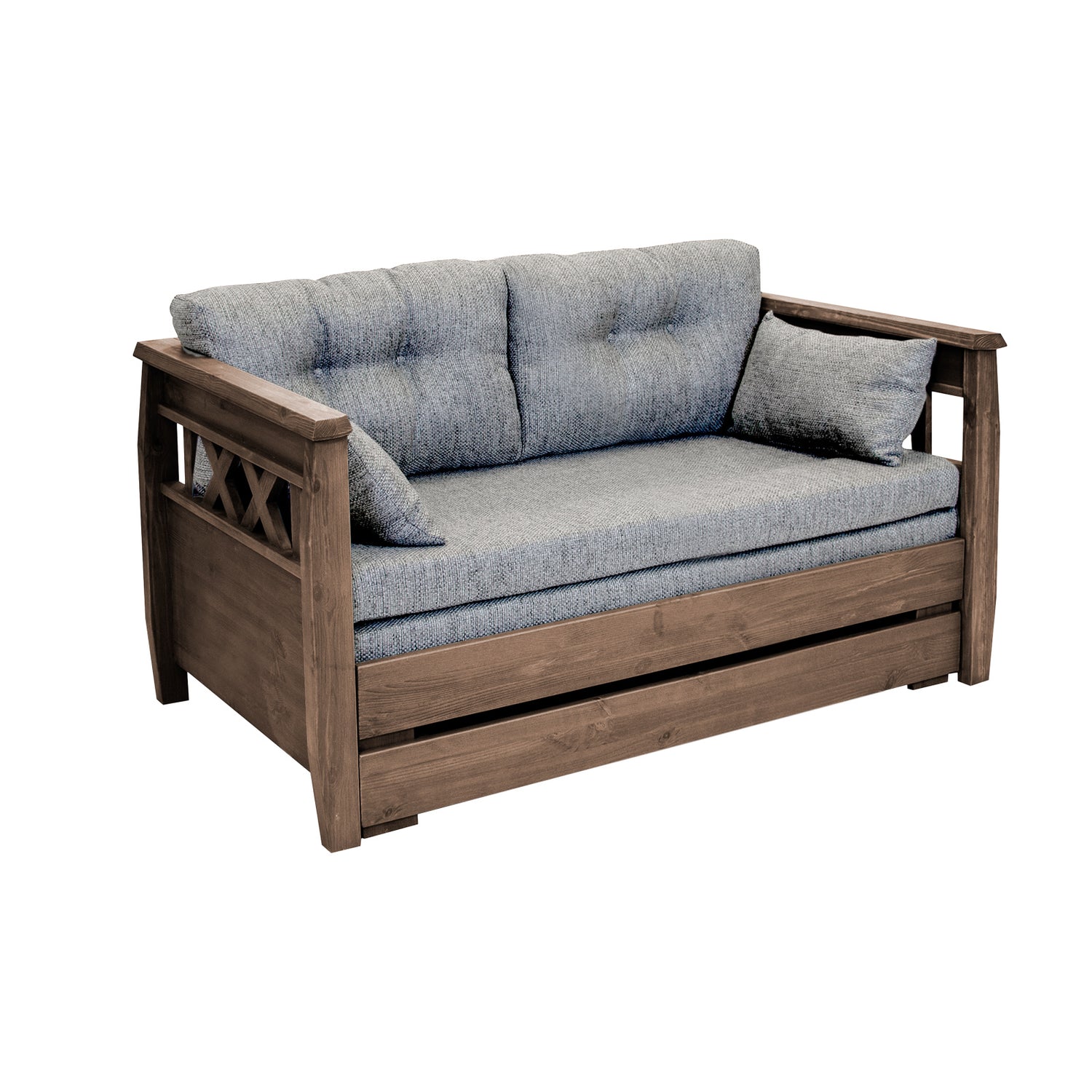 Ruskea Reimari-laverisohva vaaleanharmaalla Hygge-kankaisella Tupla-taittopatjasarjalla.