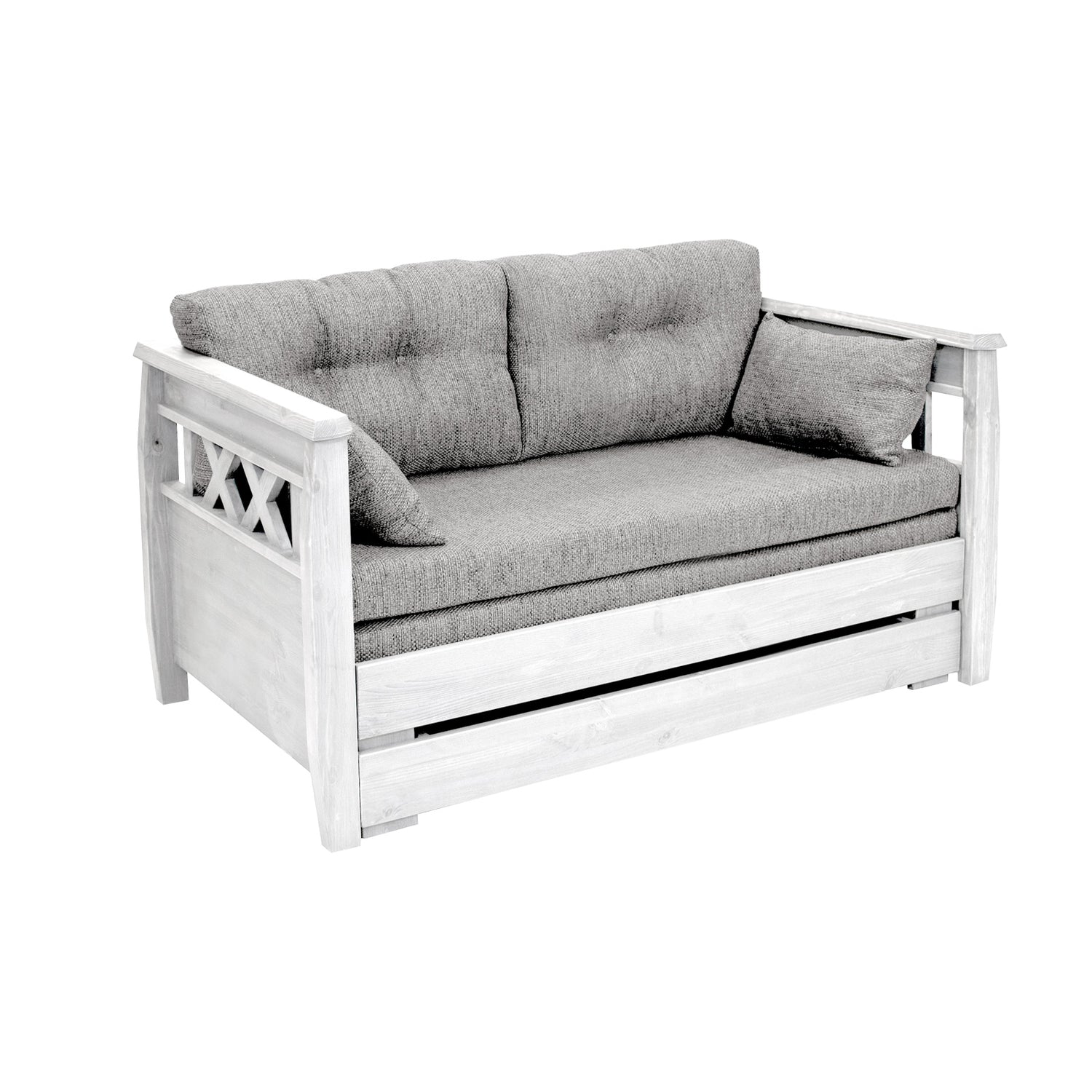 Valkoinen Reimari-laverisohva beigellä Hygge-kankaisella Tupla-taittopatjasarjalla.