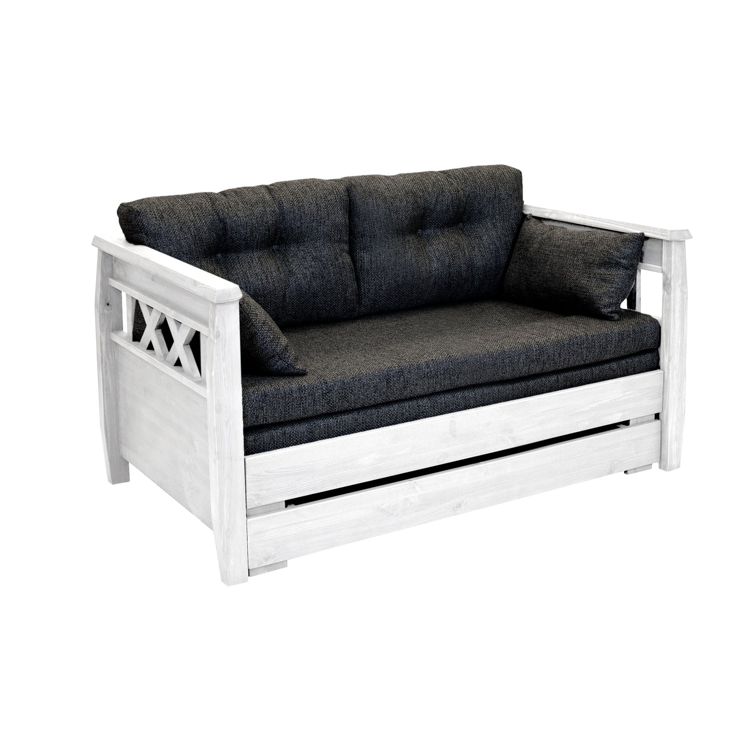 Valkoinen Reimari-laverisohva tummanharmaalla Hygge-kankaisella Tupla-taittopatjasarjalla.