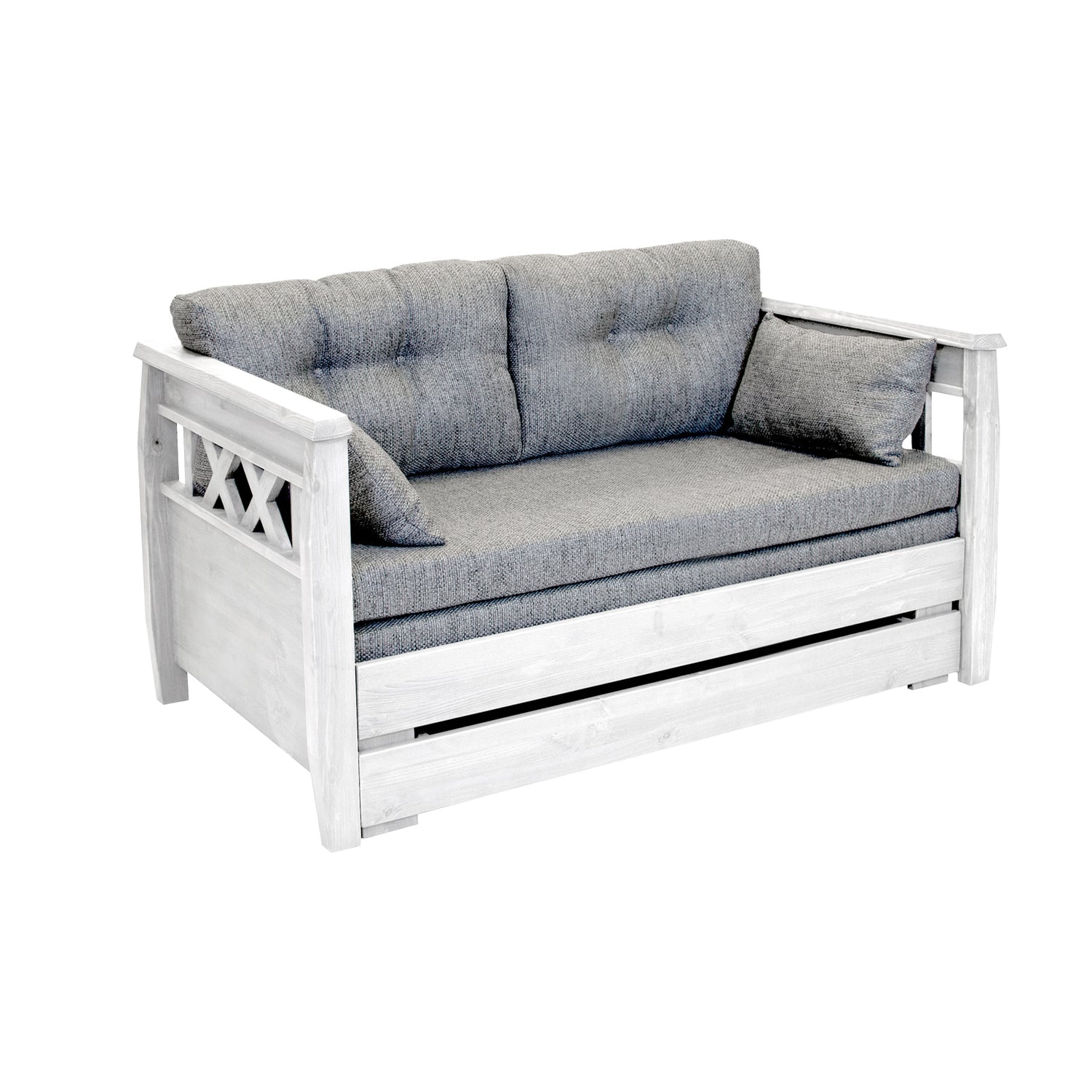 Valkoinen Reimari-laverisohva vaaleanharmaalla Hygge-kankaisella Tupla-taittopatjasarjalla.