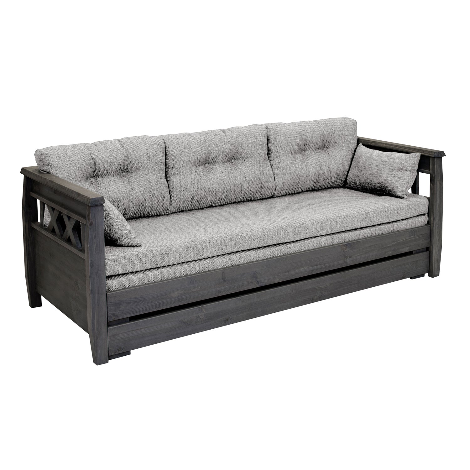 Harmaa Reimari-laverisohva beigellä Hygge-kankaisella Kolmi-taittopatjasarjalla.