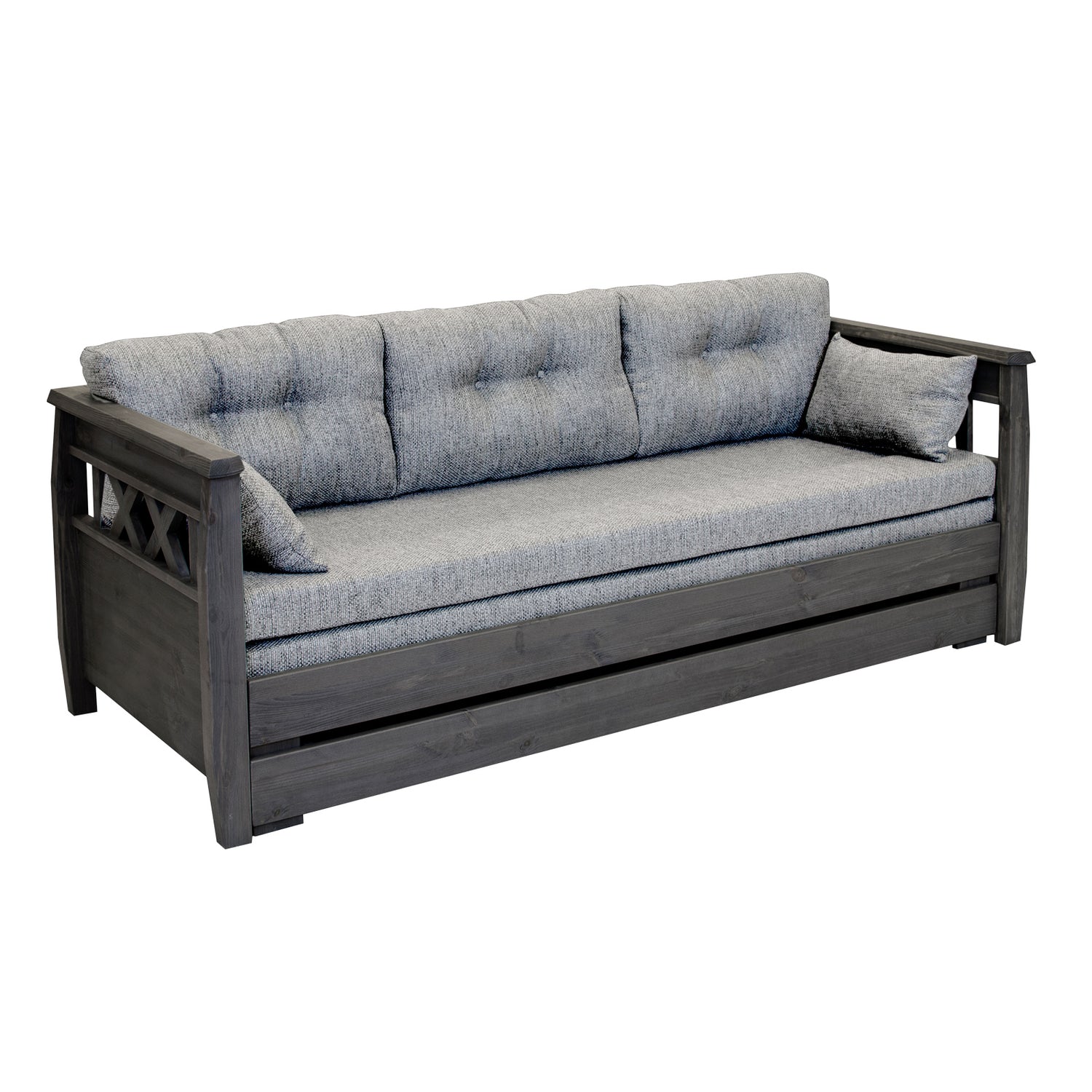 Harmaa Reimari-laverisohva vaaleanharmaalla Hygge-kankaisella Kolmi-taittopatjasarjalla.