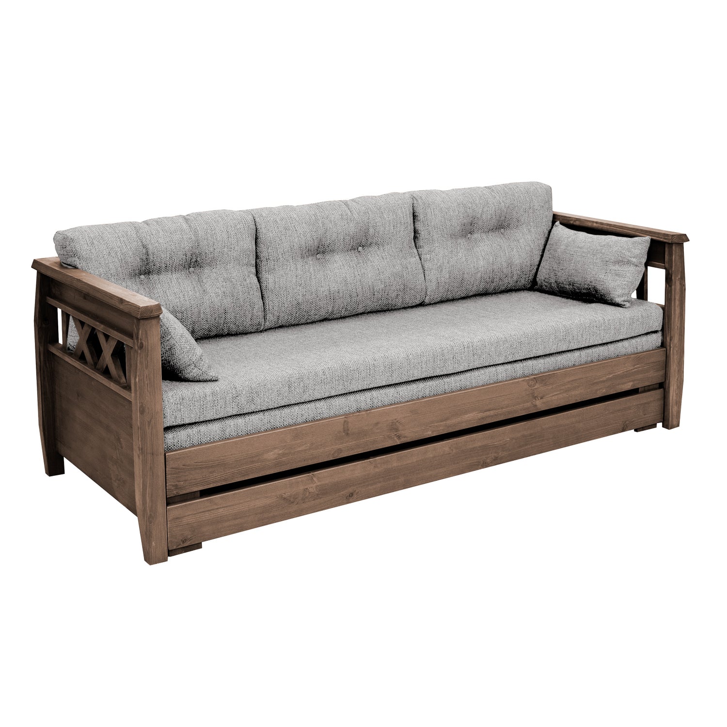 Ruskea Reimari-laverisohva beigellä Hygge-kankaisella Kolmi-taittopatjasarjalla.