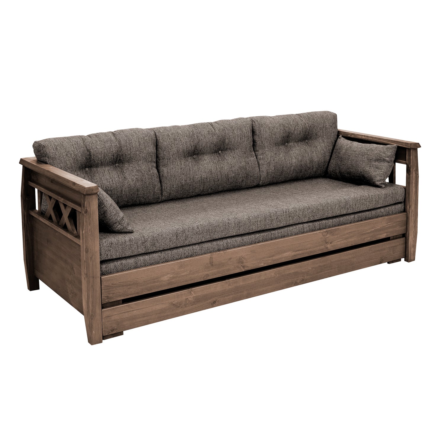 Kolmi-taittopatjasarja ruskealla Hygge-kankaalla. Kuvassa ruskea erikseen myytävä Reimari-laverisohva.