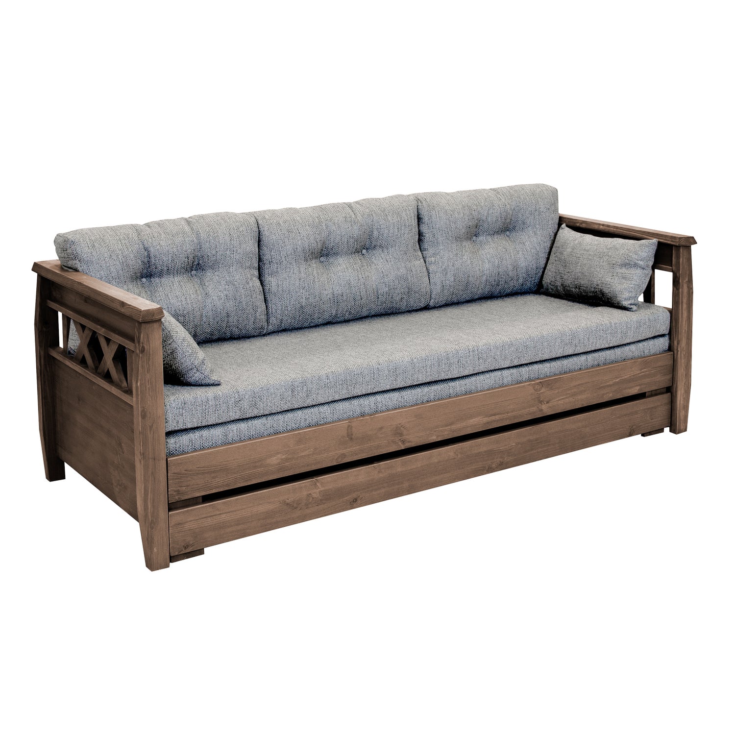 Ruskea Reimari-laverisohva vaaleanharmaalla Hygge-kankaisella Kolmi-taittopatjasarjalla.