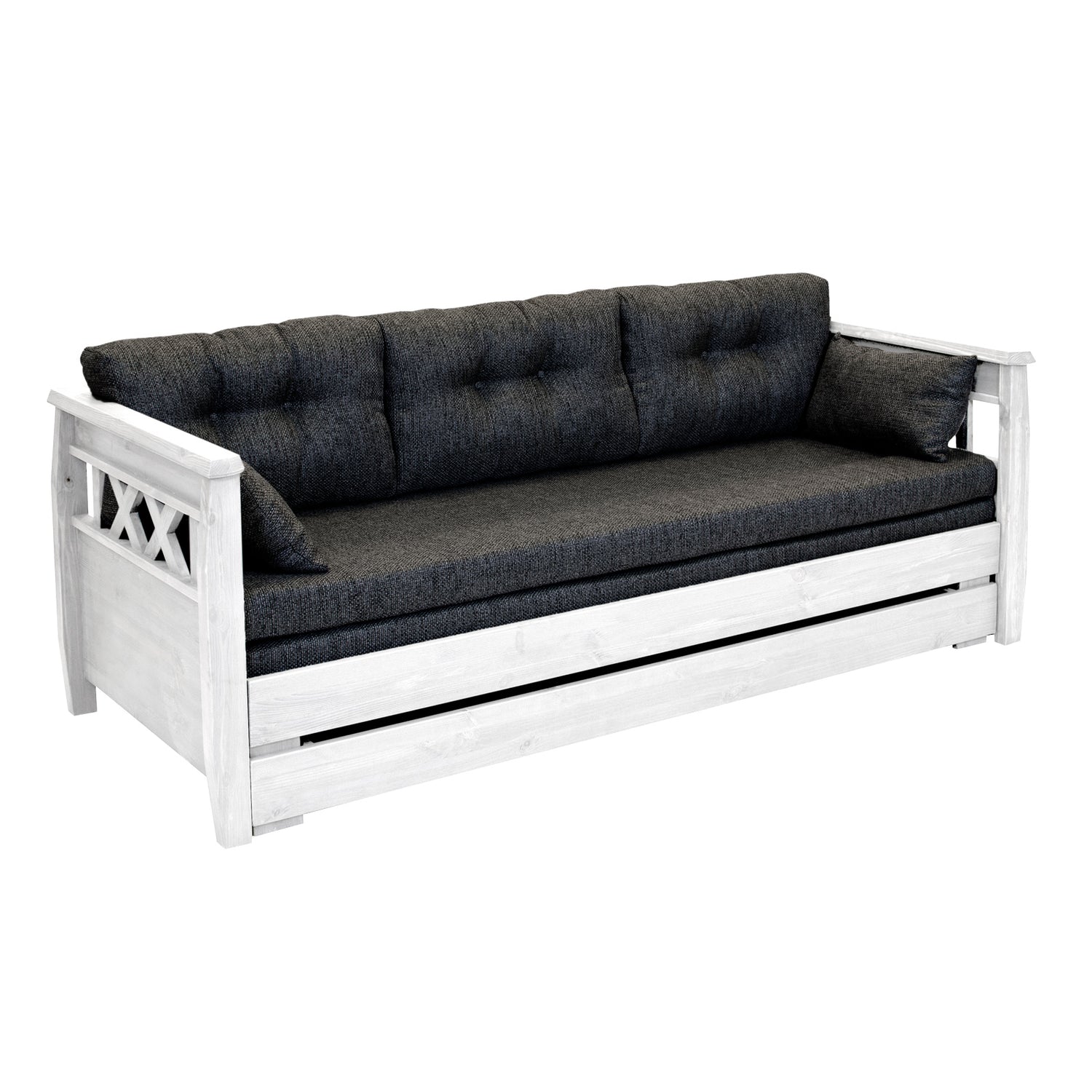 Valkoinen Reimari-laverisohva tummanharmaalla Hygge-kankaisella Kolmi-taittopatjasarjalla.