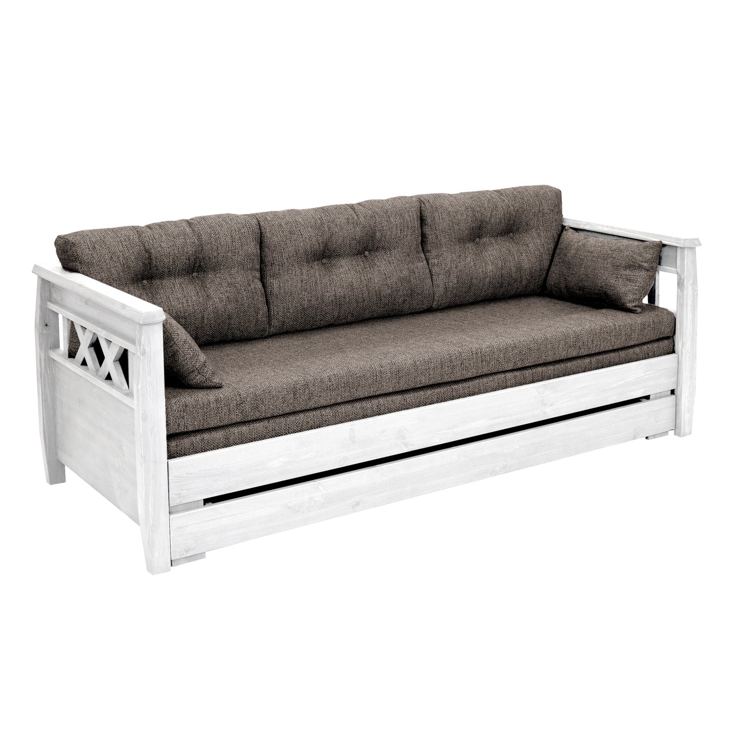 Reimari-laverisohva, valkoinen. Kuvassa oleva ruskea Hygge-kankainen Kolmi-patjasarja myydään erikseen.