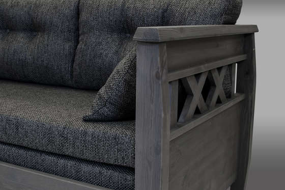 Reimari-laverisohva, harmaa. Kuvassa oleva tummanharmaa Hygge-kankainen Kolmi-patjasarja myydään erikseen.