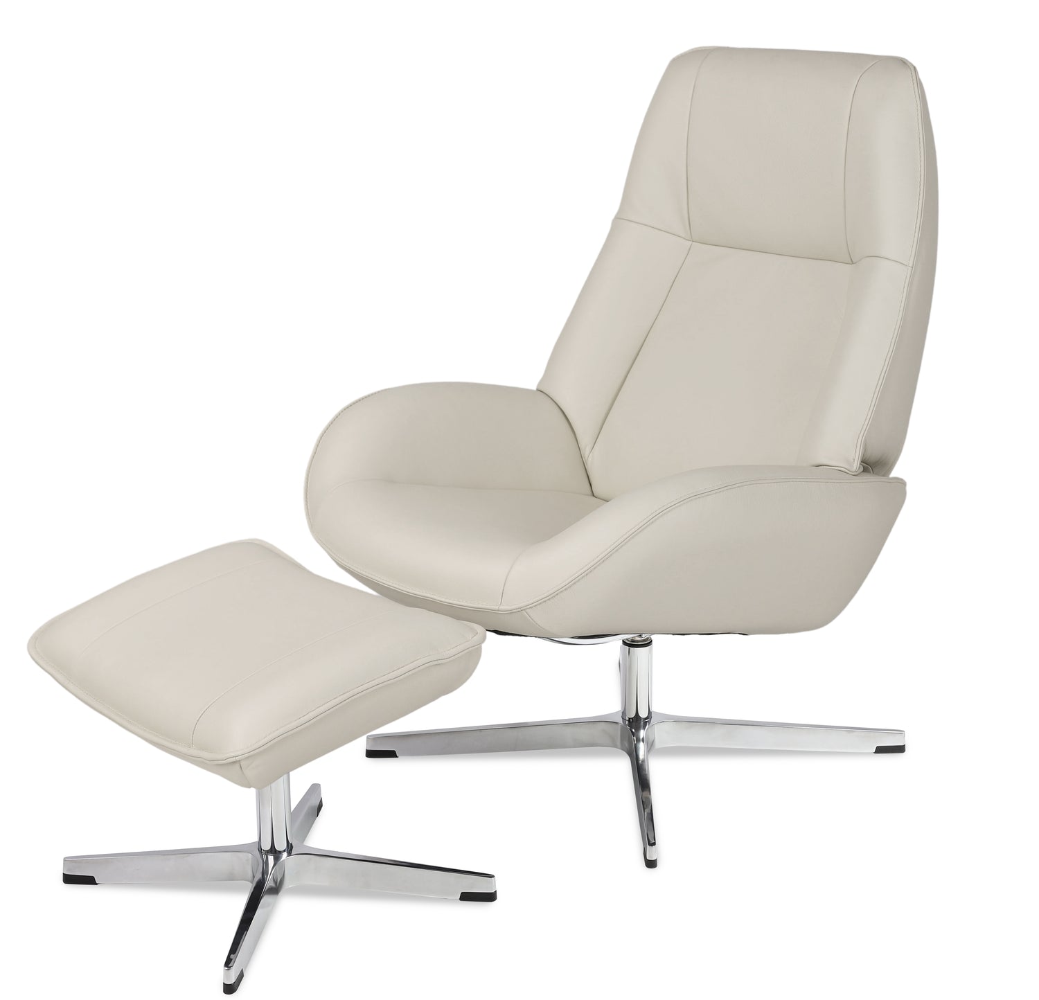 Kuvassa on yhdistelmäsetti Kebe Roma -nojatuoli valkoisella Balder-nahkaverhoilulla ja krominvärisellä Vision-ristikkojalalla, sekä samanvärinen rahi.