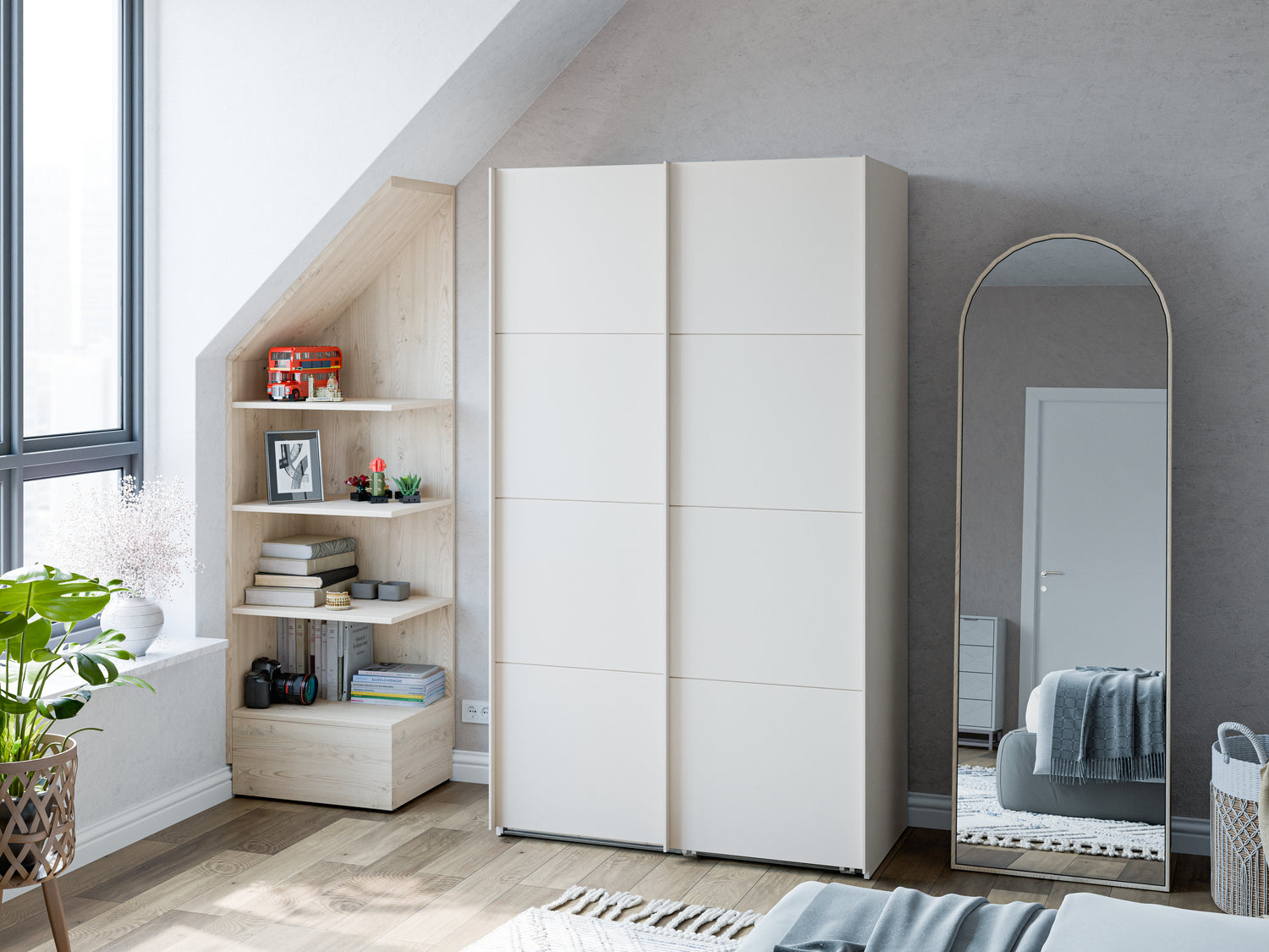 Kuvassa mattabeige 120 cm Kira-liukuovikomero. Sophisticspace-vetimet ovat metallia.