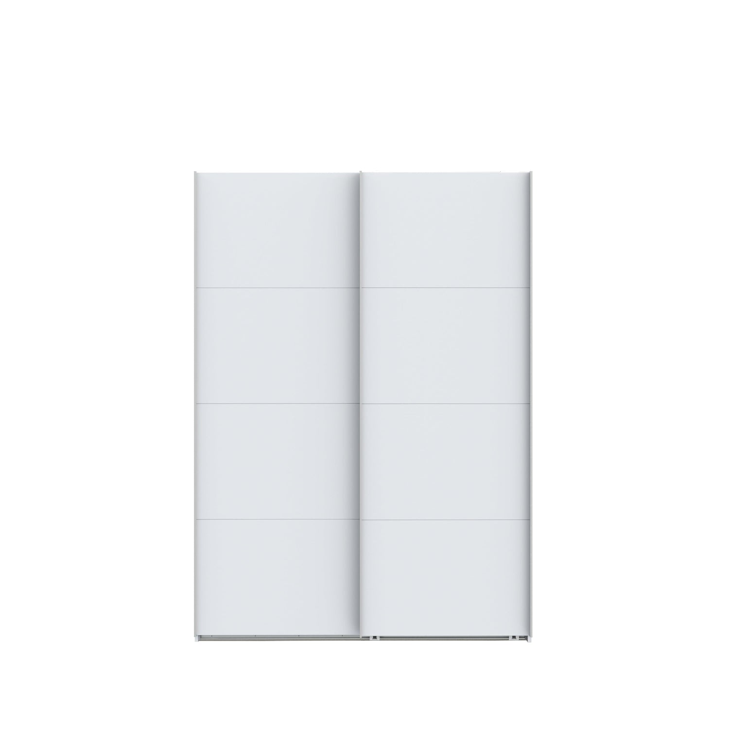 Mattavalkoinen 150 cm Kira-liukuovikomero. Henkaritanko ja Sophisticspace-vetimet ovat metallia.