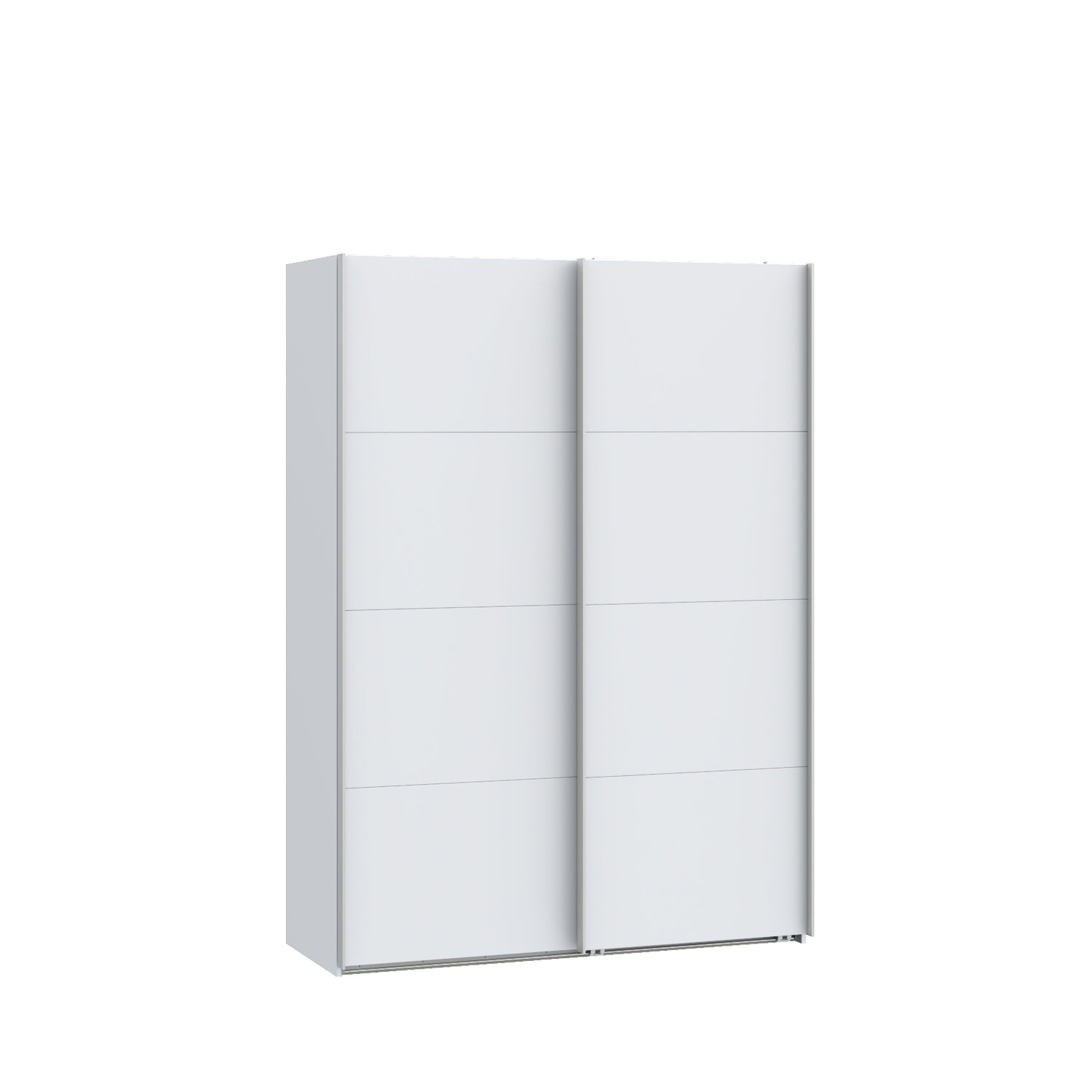 Mattavalkoinen 150 cm Kira-liukuovikomero. Sophisticspace-vetimet ovat metallia.