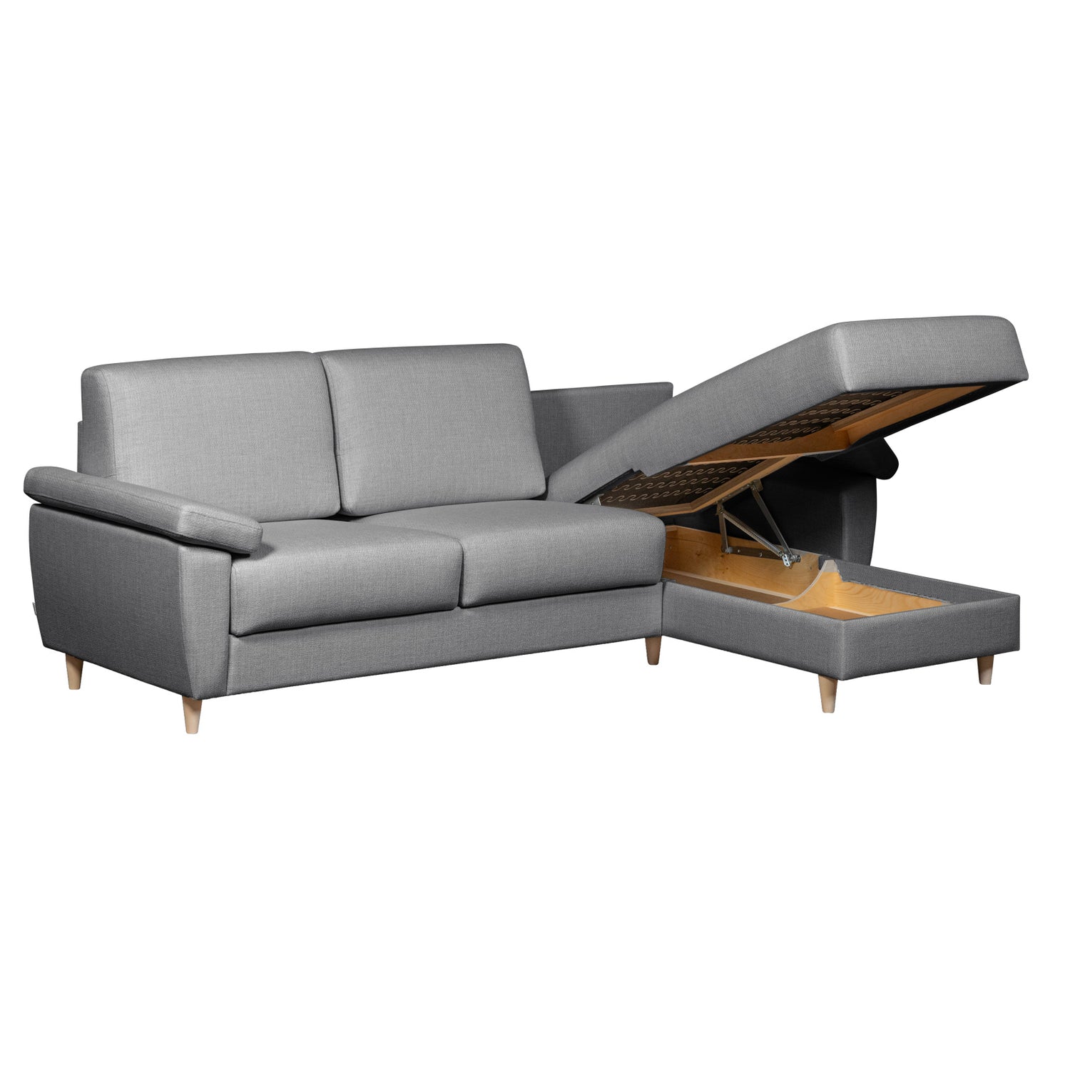 Salla-divaanivuodesohva harmaalla Sparr 770 -kangasverhoilulla ja luonnonvärisillä puujaloilla. Avattavassa rahissa on paljon säilytystilaa esimerkiksi vuodevaatteille.