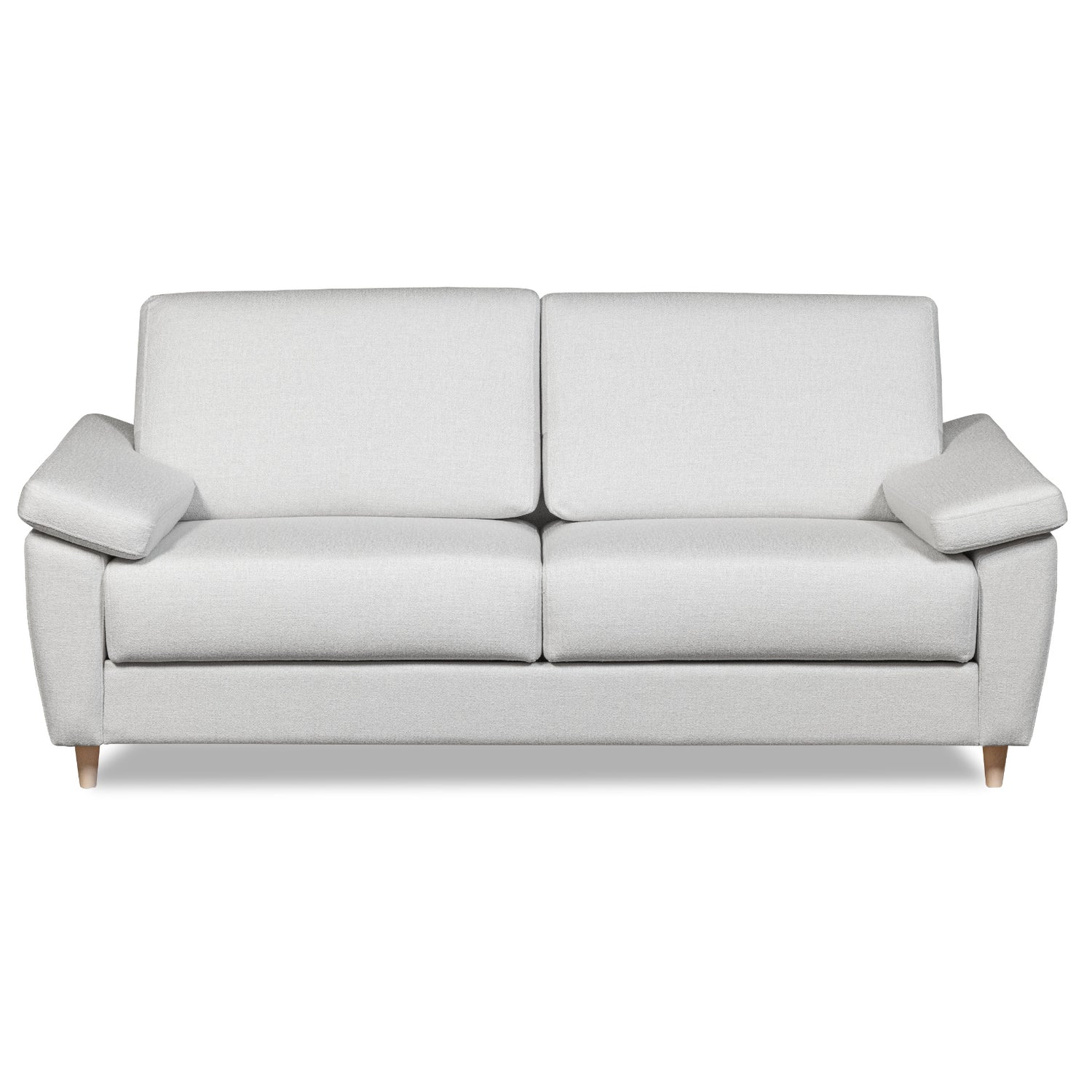 Salla-vuodesohva vaalealla Minco 2-kangasverhoilulla ja luonnonvärisillä puujaloilla.