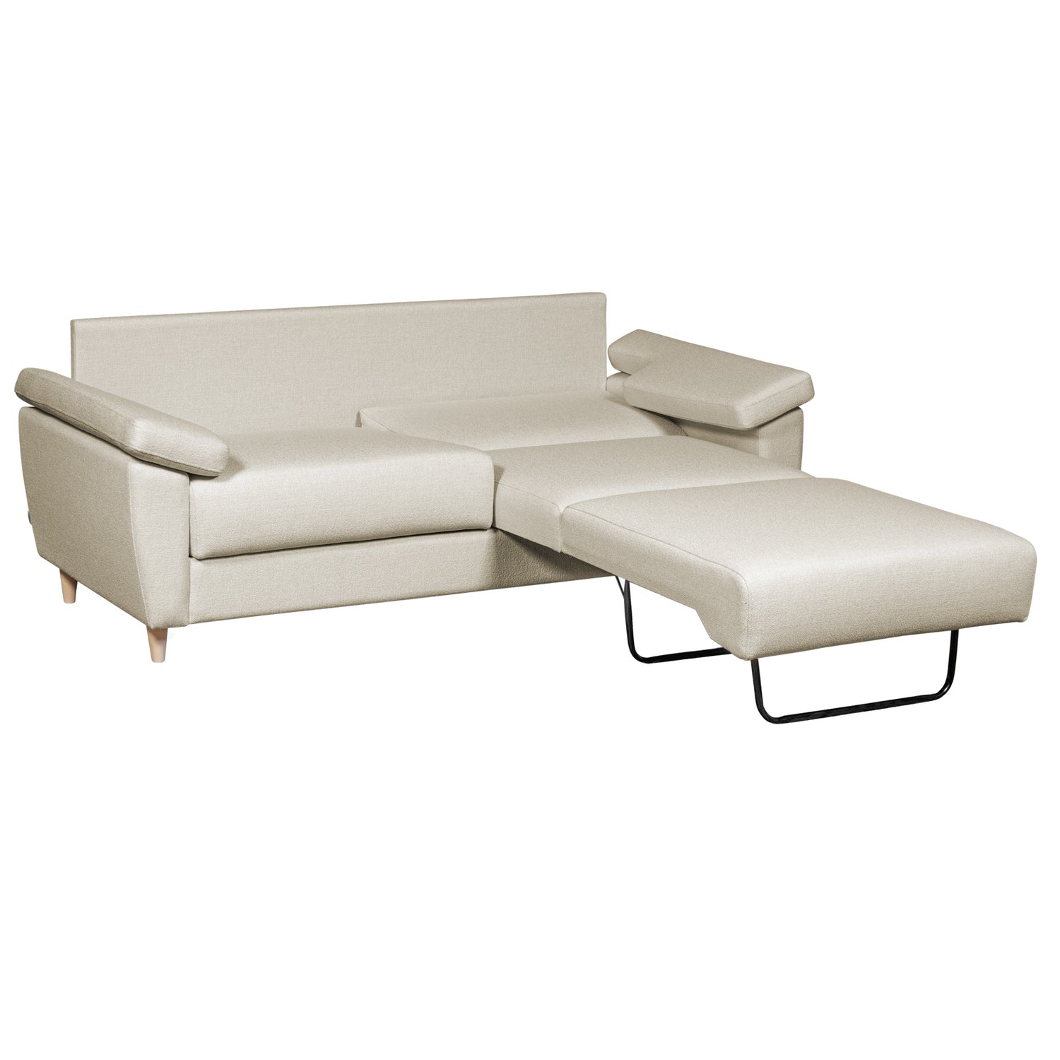 Salla-vuodesohva beigellä Minco 30-kangasverhoilulla ja luonnonvärisillä puujaloilla. Vuodemekanismi on avattavissa yhdelle tai kahdelle nukkujalle.