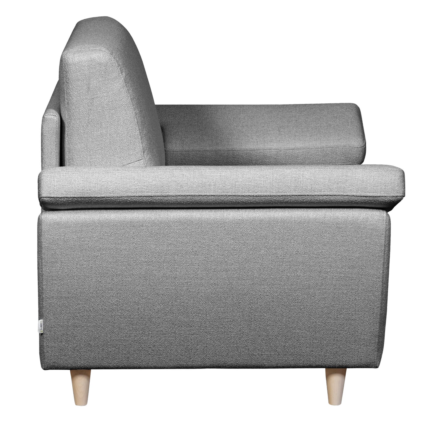 Salla-vuodetuoli harmaalla Minco 16-kangasverhoilulla ja luonnonvärisillä puujaloilla.