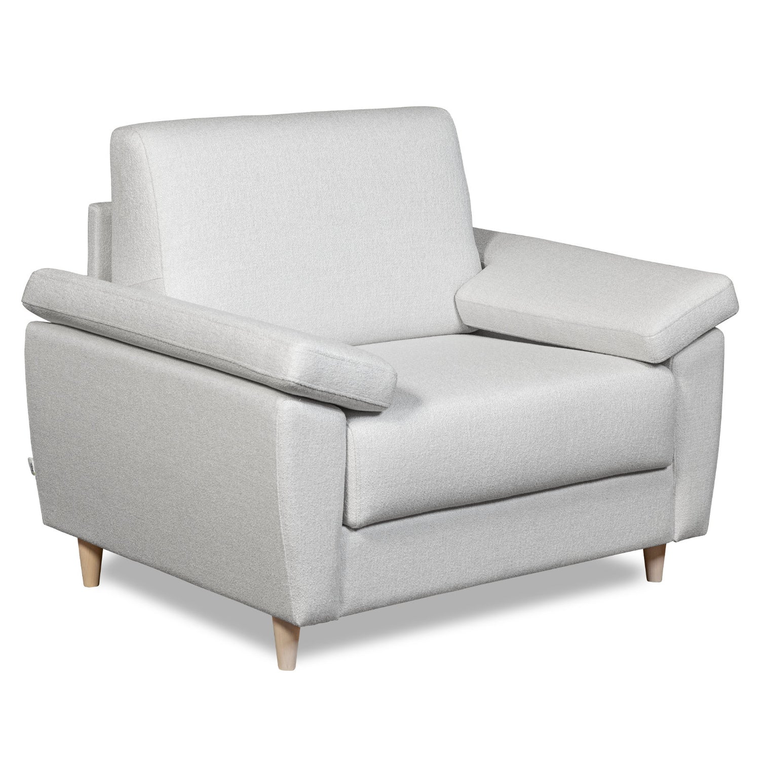 Salla-vuodetuoli vaalealla Minco 2-kangasverhoilulla ja luonnonvärisillä puujaloilla.