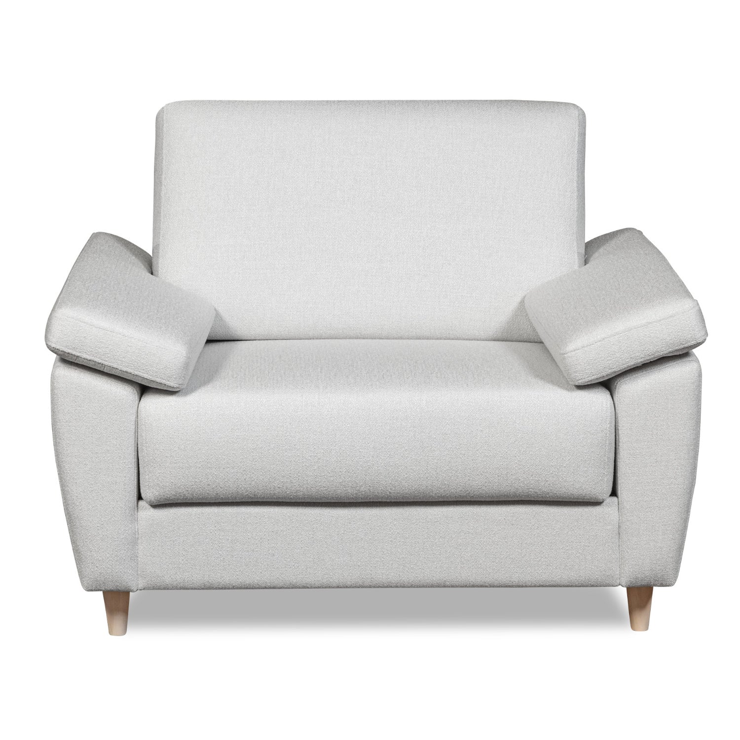 Salla-vuodetuoli vaalealla Minco 2-kangasverhoilulla ja luonnonvärisillä puujaloilla.