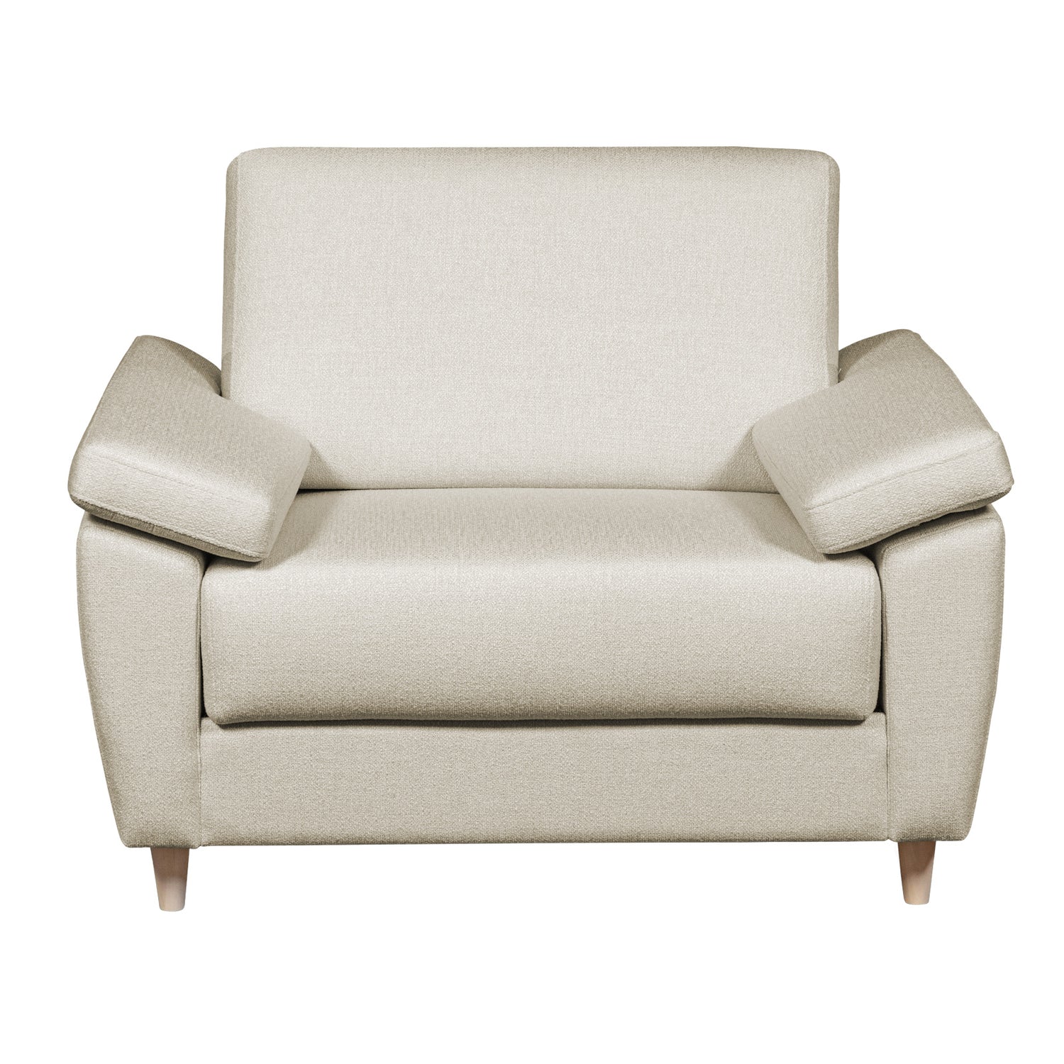 Salla-vuodetuoli beigellä Minco 30-kangasverhoilulla ja luonnonvärisillä puujaloilla.