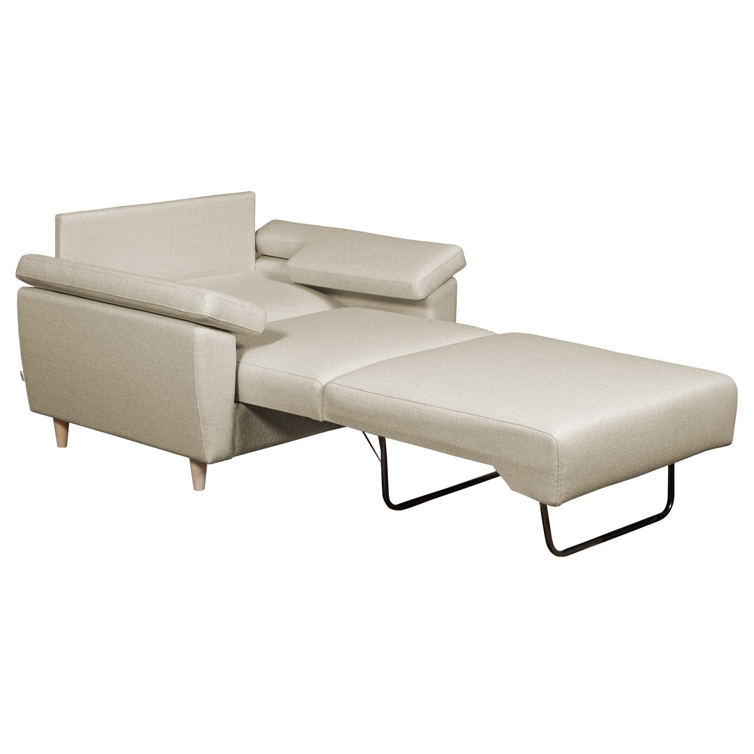 Salla-vuodetuoli beigellä Minco 30-kangasverhoilulla ja luonnonvärisillä puujaloilla. Helppokäyttöinen vuodemekanismi on nopea levittää yhdelle nukkujalle.