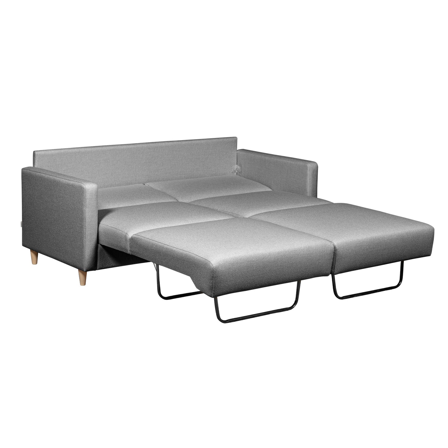 Salla-vuodesohva harmaalla Minco 16-kangasverhoilulla ja luonnonvärisillä puujaloilla. Vuodemekanismin saa avattua yhdelle tai kahdelle nukkujalle.