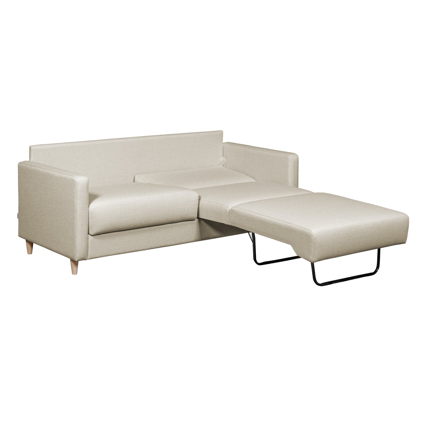 Salla-vuodesohva beigellä Minco 30-kangasverhoilulla ja luonnonvärisillä puujaloilla. Vuodemekanismin saa avattua yhdelle tai kahdelle nukkujalle.