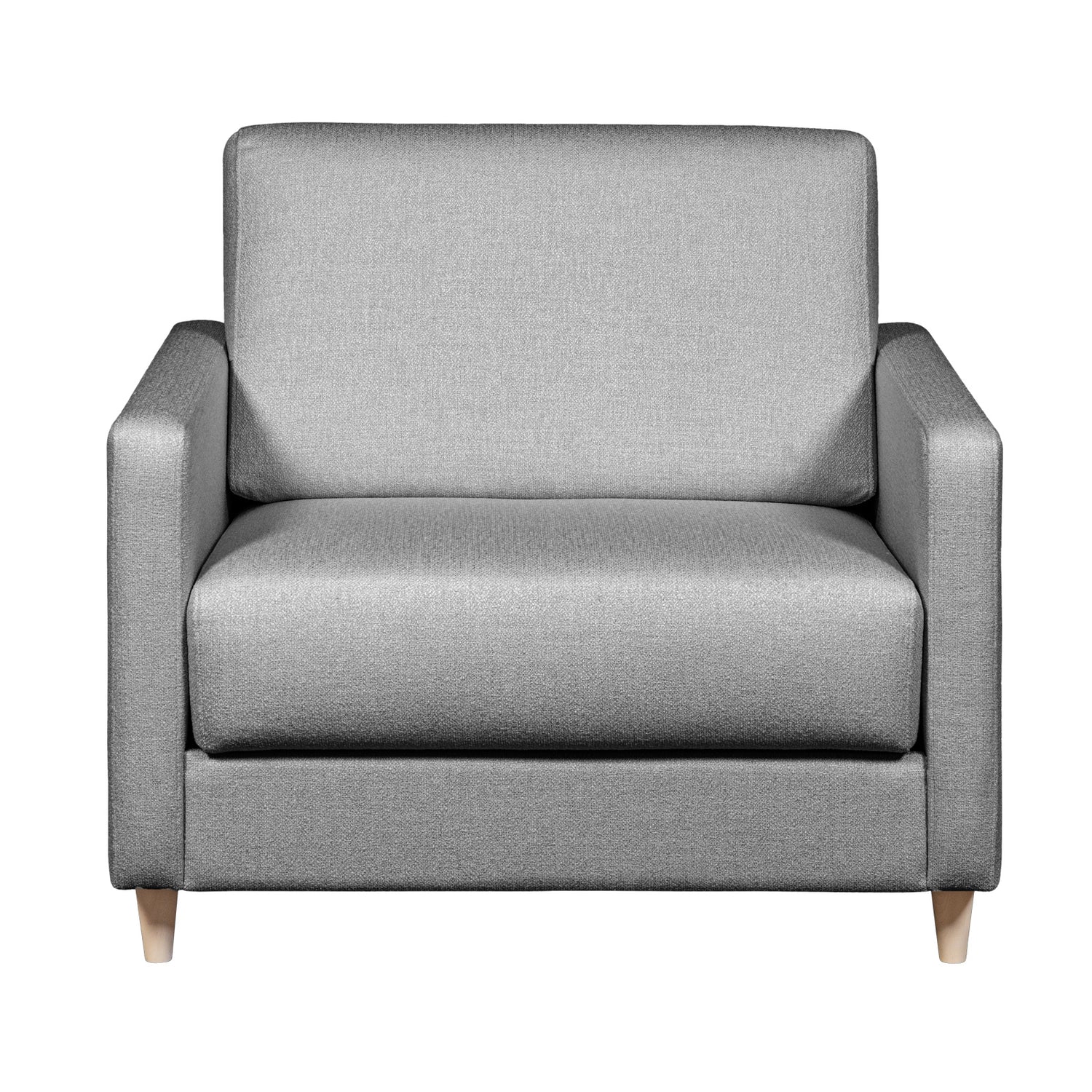 Salla-vuodetuoli harmaalla Minco 16-kangasverhoilulla ja luonnonvärisillä puujaloilla.