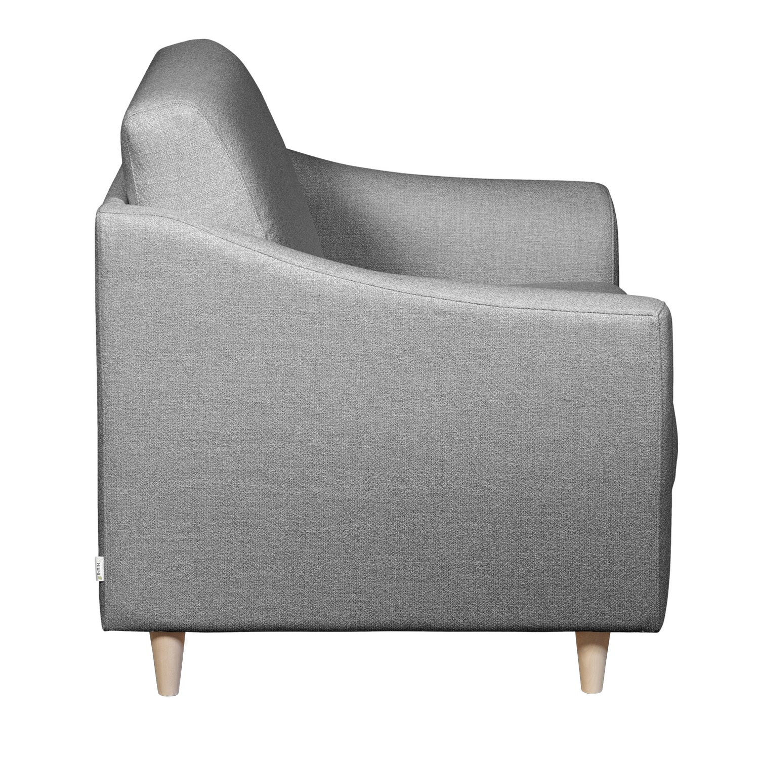 Salla-vuodetuoli harmaalla Minco 16-kangasverhoilulla ja luonnonvärisillä puujaloilla.