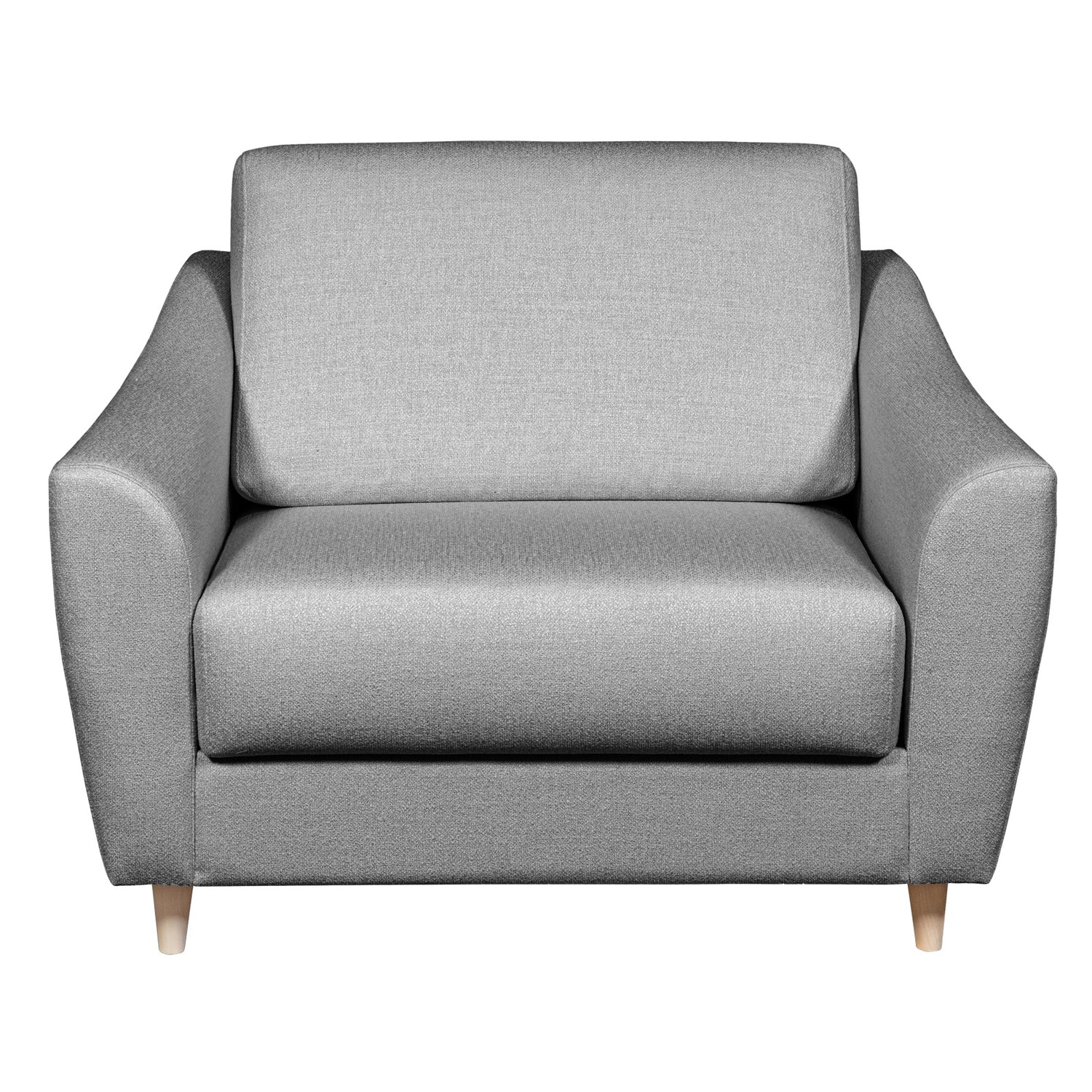 Salla-vuodetuoli harmaalla Minco 16-kangasverhoilulla ja luonnonvärisillä puujaloilla.