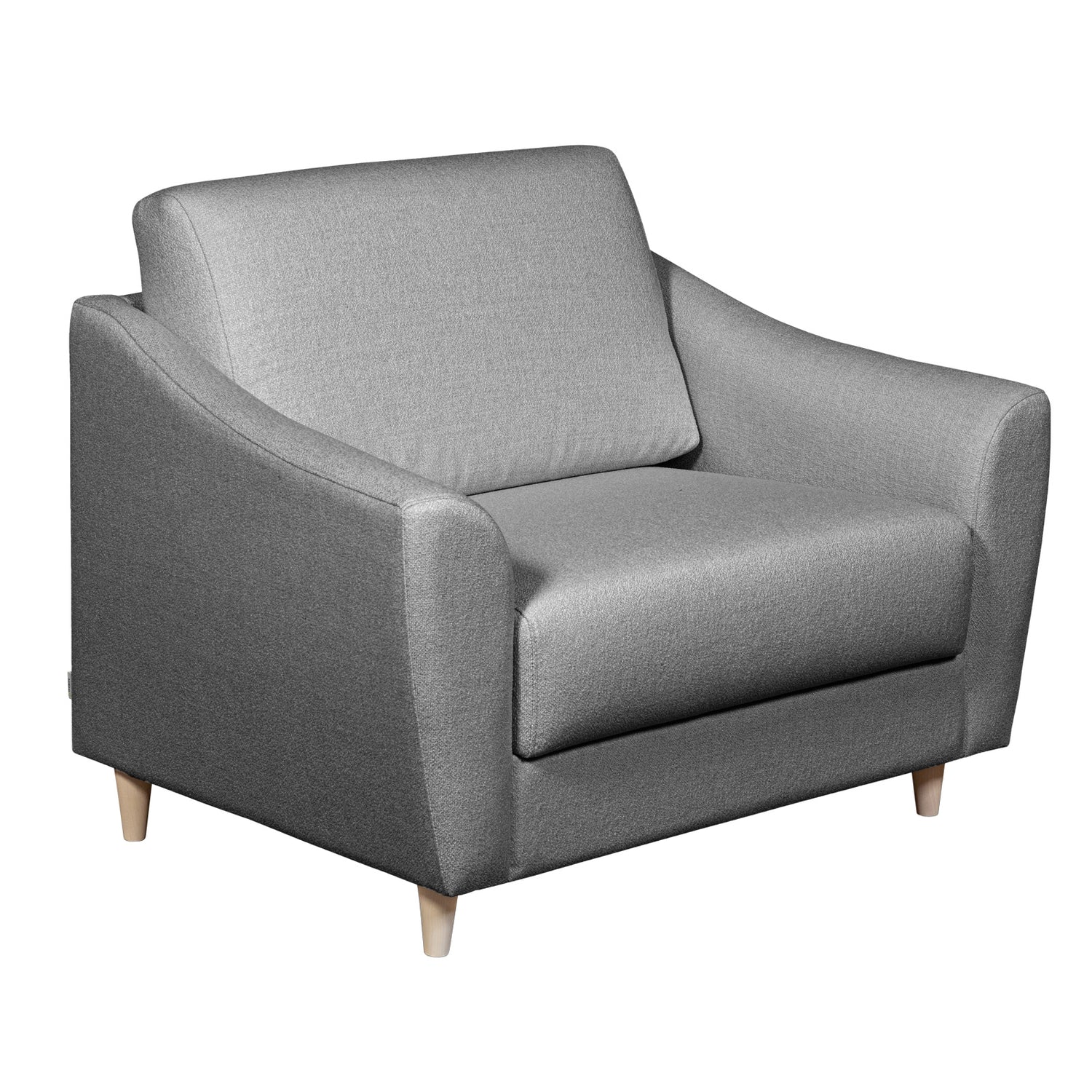 Salla-vuodetuoli harmaalla Minco 16-kangasverhoilulla ja luonnonvärisillä puujaloilla.