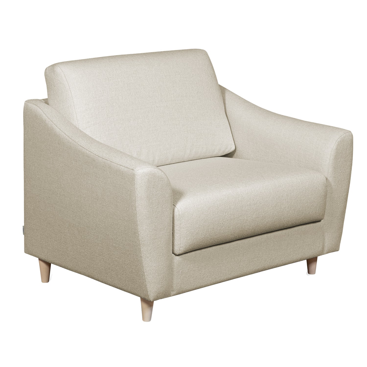 Salla-vuodetuoli beigellä Minco 30-kangasverhoilulla ja luonnonvärisillä puujaloilla.