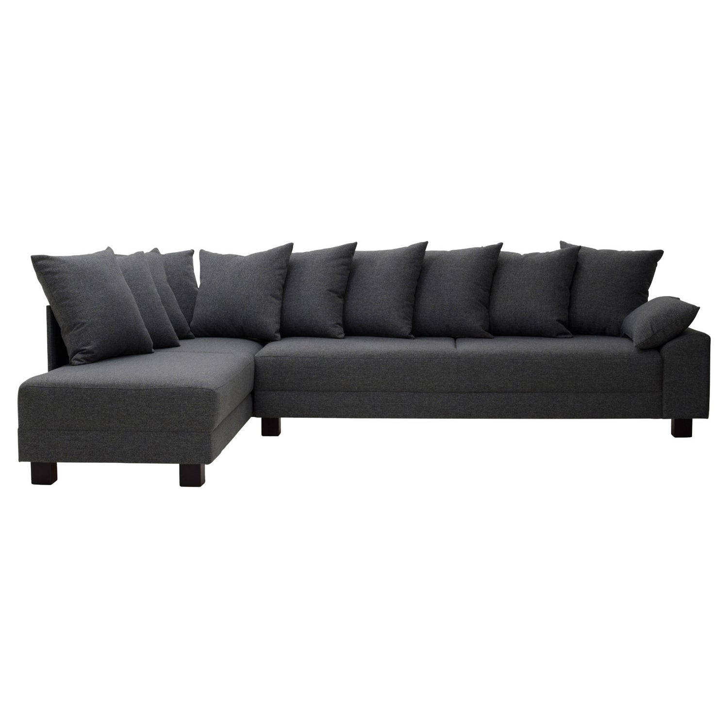 Sara-avokulmasohva vasemman puoleisella divaanilla ja antrasiitinvärisellä Focus 96 -kangasverhoilulla, sekä mustilla 10 cm korkeilla Pölkky-jaloilla.