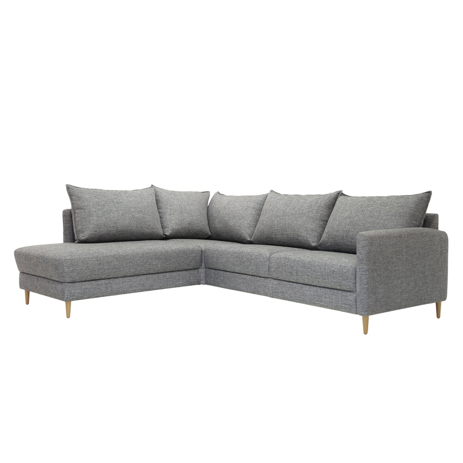 Stockholm-avokulmavuodesohva harmaalla Altamura 110 -kankaalla ja vasemmanpuoleisella kulmaosalla. Sohvassa on 12 cm korkeat luonnonväriset tammijalat.