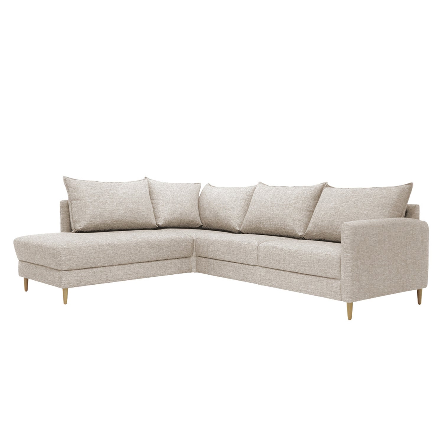 Stockholm-avokulmavuodesohva beigellä Altamura 122 -kankaalla ja vasemmanpuoleisella kulmaosalla. Sohvassa on 12 cm korkeat luonnonväriset tammijalat.