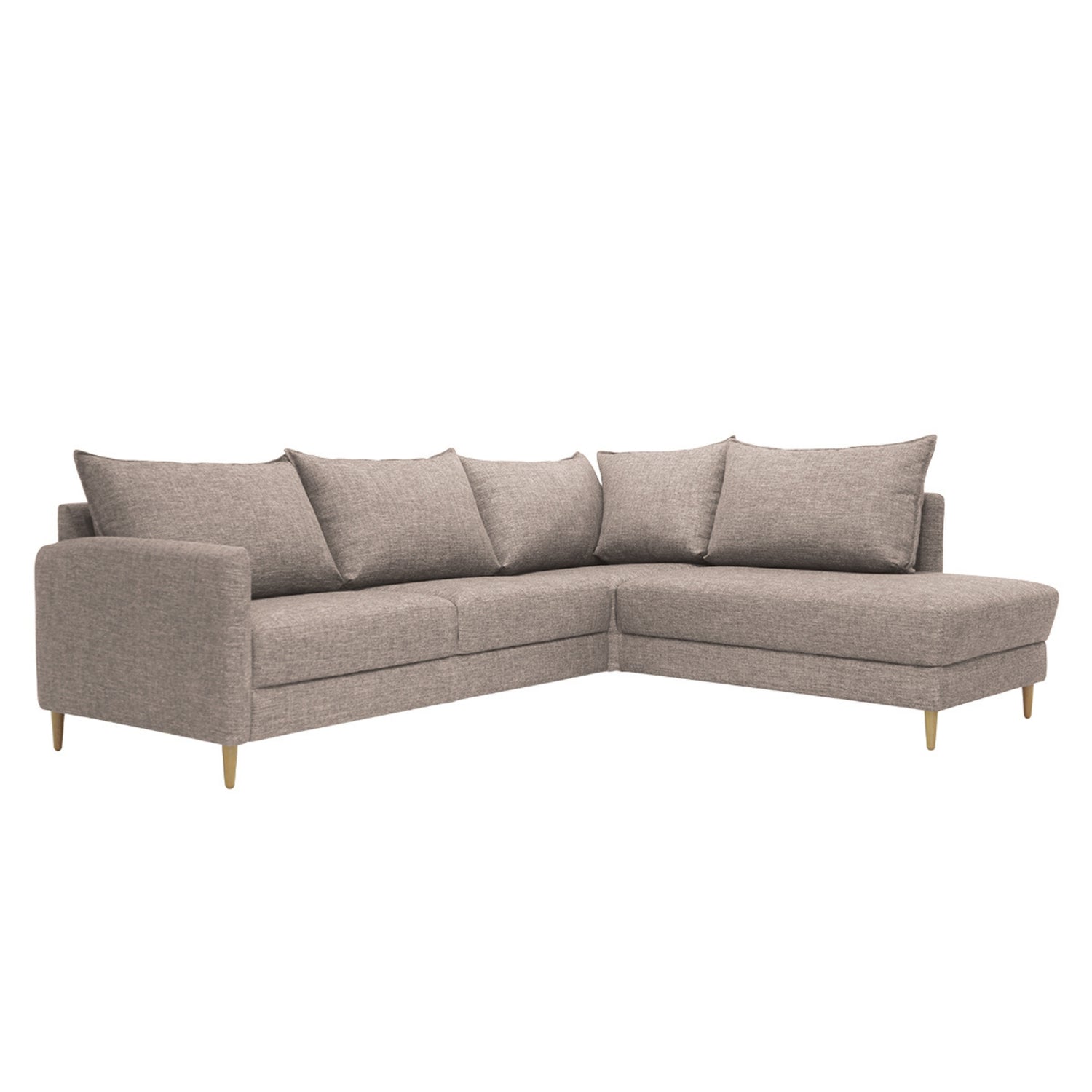 Stockholm-avokulmavuodesohva vaaleanruskealla Altamura 124 -kankaalla ja oikeanpuoleisella kulmaosalla. Sohvassa on 12 cm korkeat luonnonväriset tammijalat.