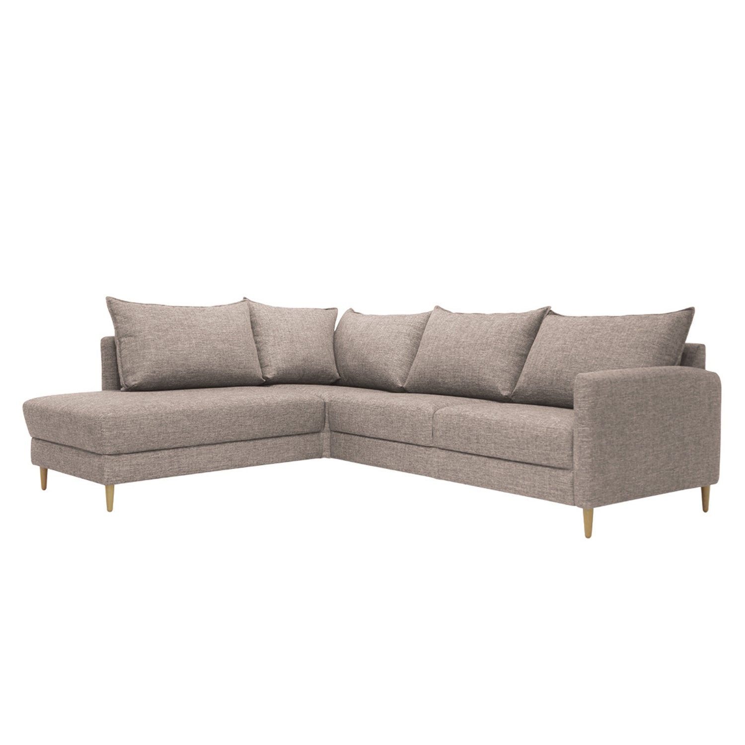 Stockholm-avokulmavuodesohva vaaleanruskealla Altamura 124 -kankaalla ja vasemmanpuoleisella kulmaosalla. Sohvassa on 12 cm korkeat luonnonväriset tammijalat.