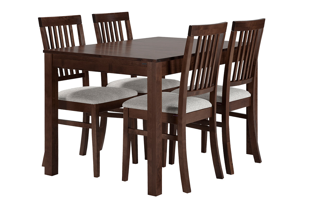 Sonja-ruokaryhmä 120 x 80 cm, tumman pähkinän värinen. Tuolien istuinosien verhoilukankaana on vaaleanharmaa Atlantic 02.