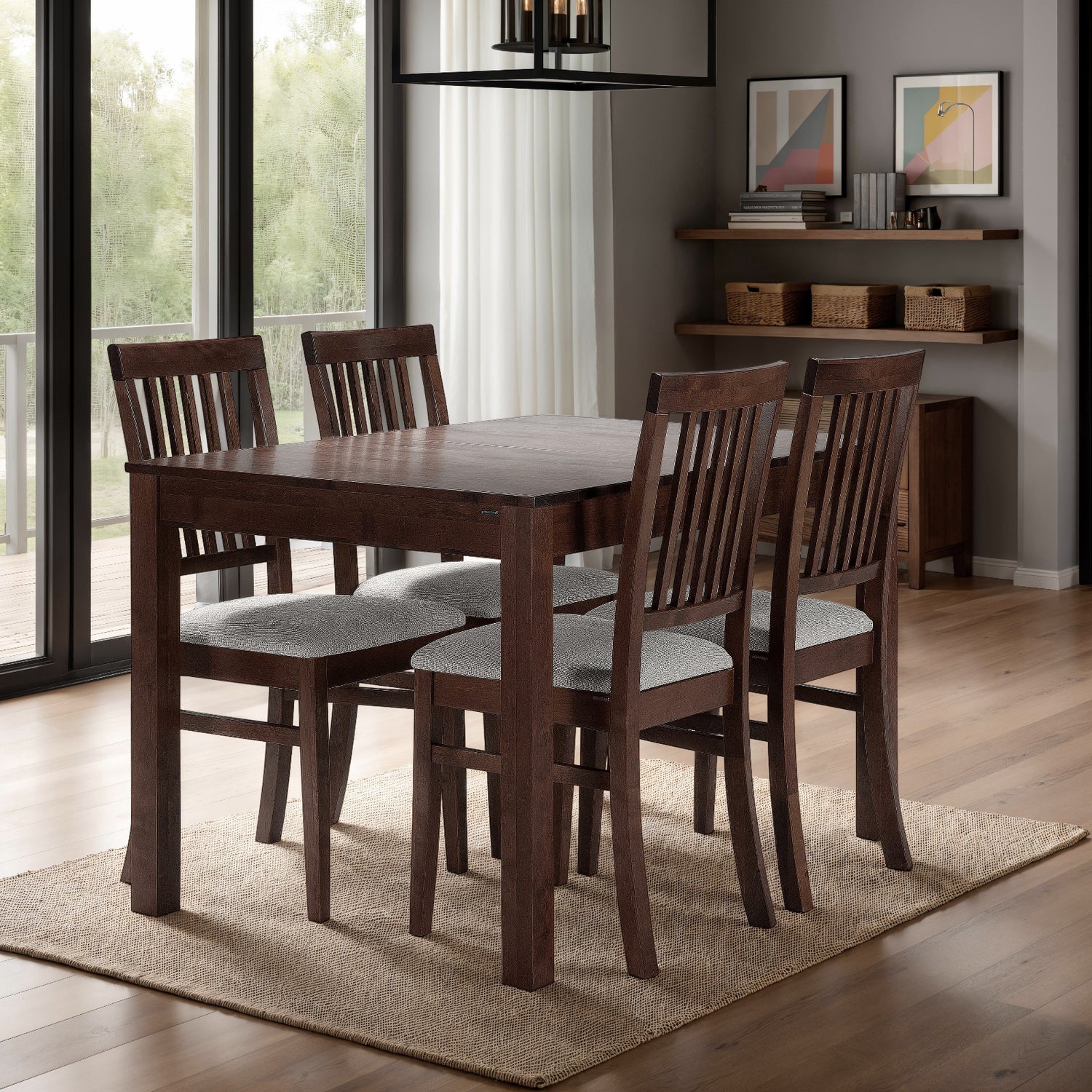 Kuvassa on Sonja-ruokaryhmä 120 x 80 cm, tumman pähkinän värinen. Tuolien istuinosien verhoilukankaana on vaaleanharmaa Atlantic 02.