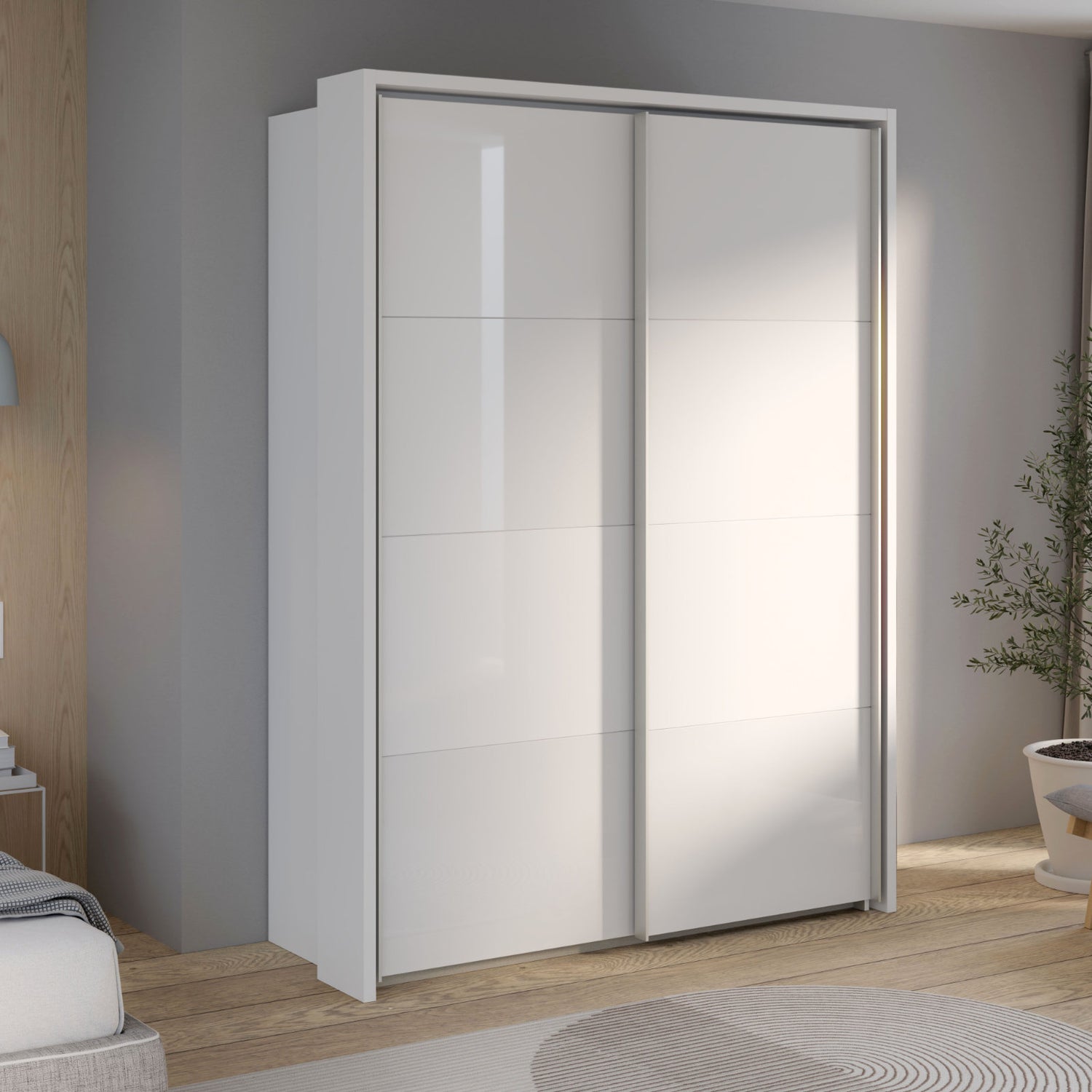 Kira-liukuovikaapin kehys on lisävaruste joka tuo viimeistellyn ja sisustuksellisen ilmeen Kira-sarjan liukuovikomeroon. Kuvassa valkoinen kehys erikseen myytävän liukuovikaapin ympärillä.