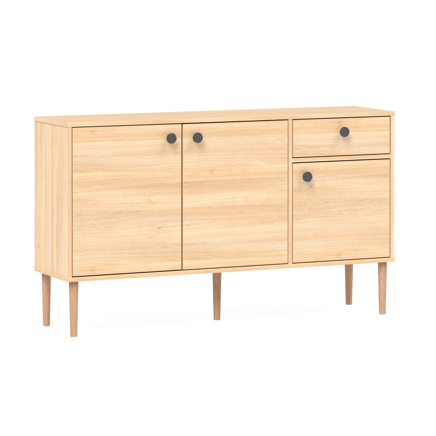 Tammenvärinen Stemma-senkki tammisilla jaloilla. Kalusteessa on mustat nuppivetimet.