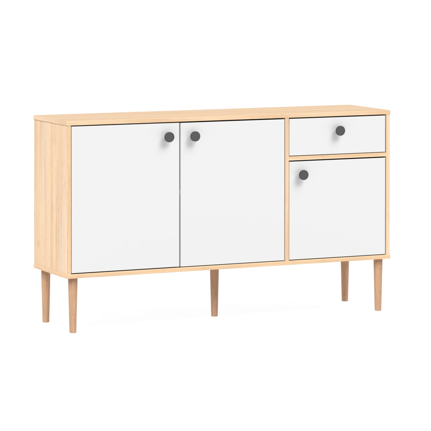 Tammi-valkoinen Stemma-senkki tammisilla jaloilla. Kalusteessa on mustat nuppivetimet.