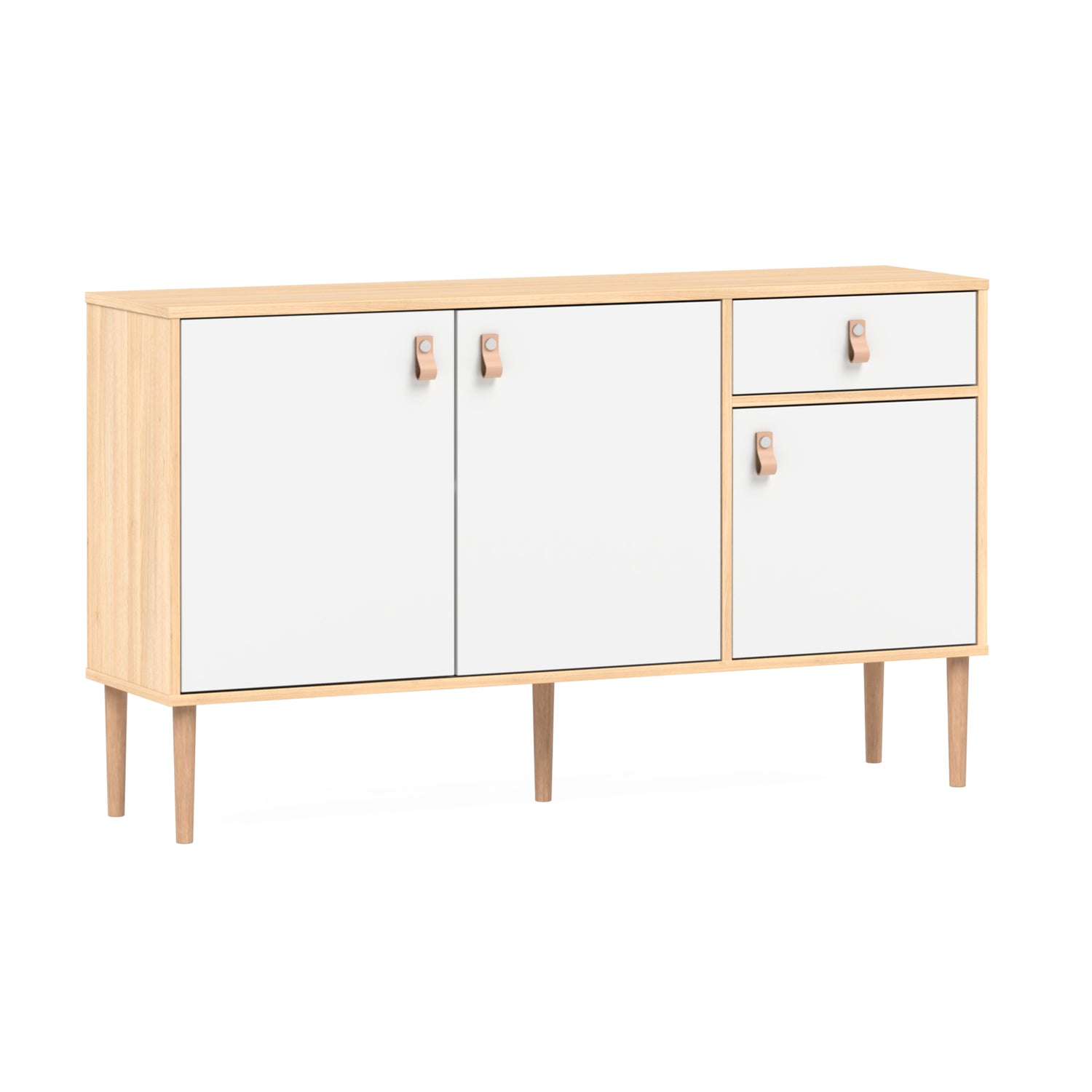 Tammi-valkoinen Stemma-senkki tammisilla jaloilla. Kalusteessa on luonnonväriset nahkavetimet.