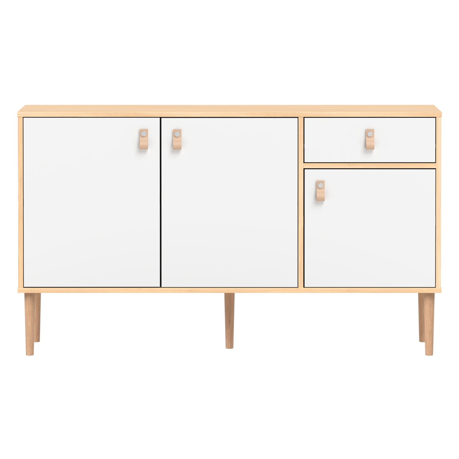 Tammi-valkoinen Stemma-senkki tammisilla jaloilla. Kalusteessa on luonnonväriset nahkavetimet.