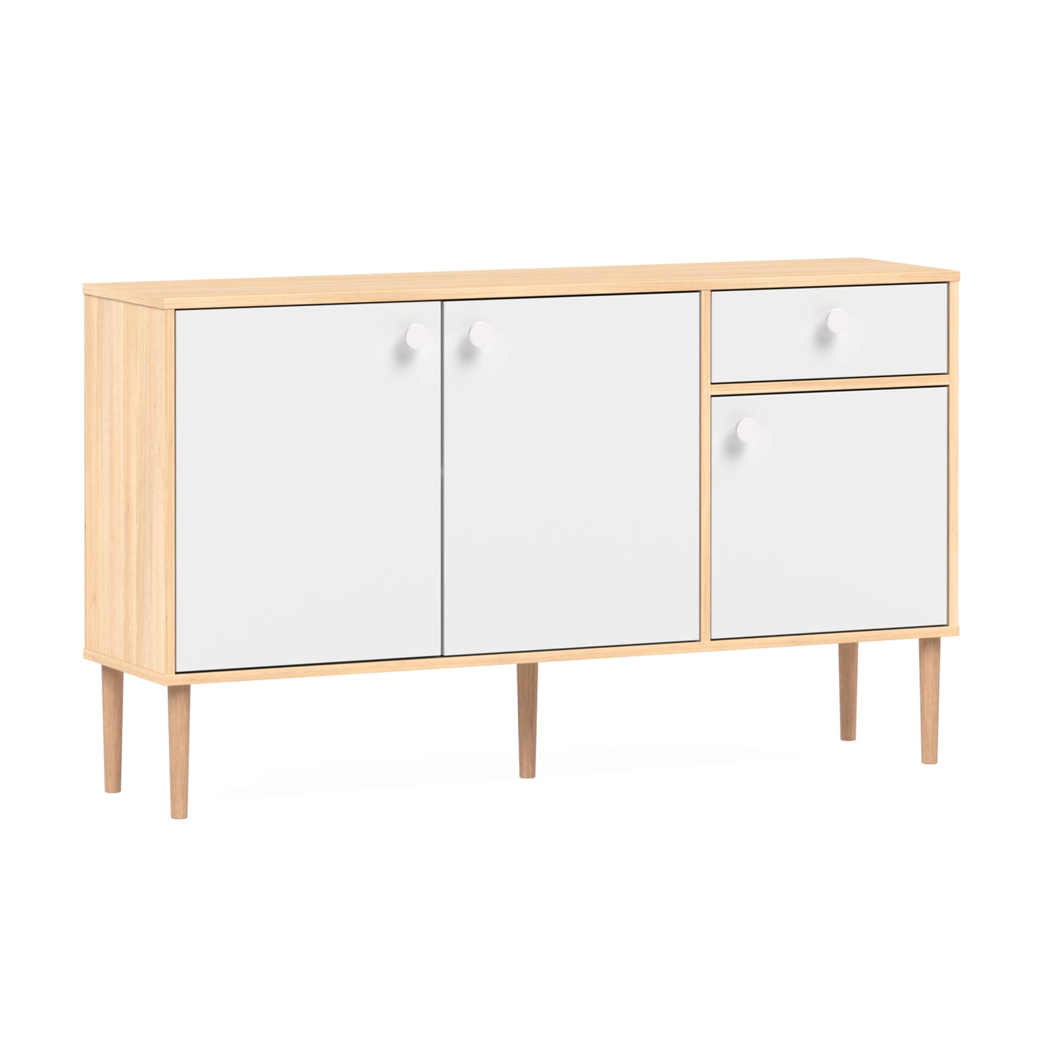 Tammi-valkoinen Stemma-senkki tammisilla jaloilla. Kalusteessa on valkoiset nuppivetimet.