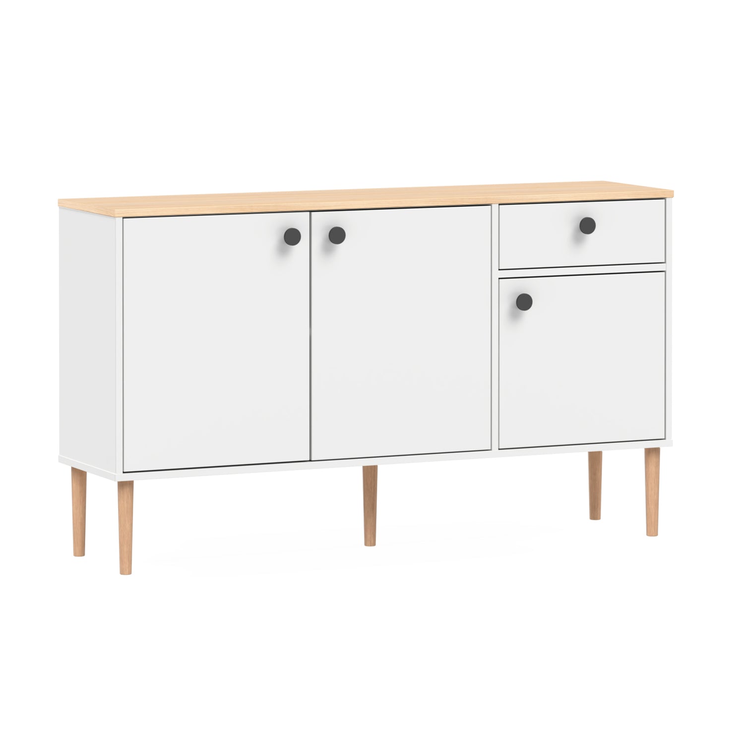 Valkoinen-luonnonvärinen Stemma-senkki lv-tammijaloilla sekä tammenvärisellä kannella. Kalusteessa on mustat nuppivetimet.