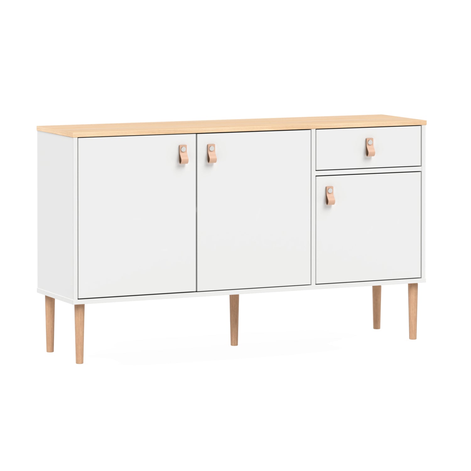 Valkoinen-luonnonvärinen Stemma-senkki lv-tammijaloilla sekä tammenvärisellä kannella. Kalusteessa on luonnonväriset nahkavetimet.