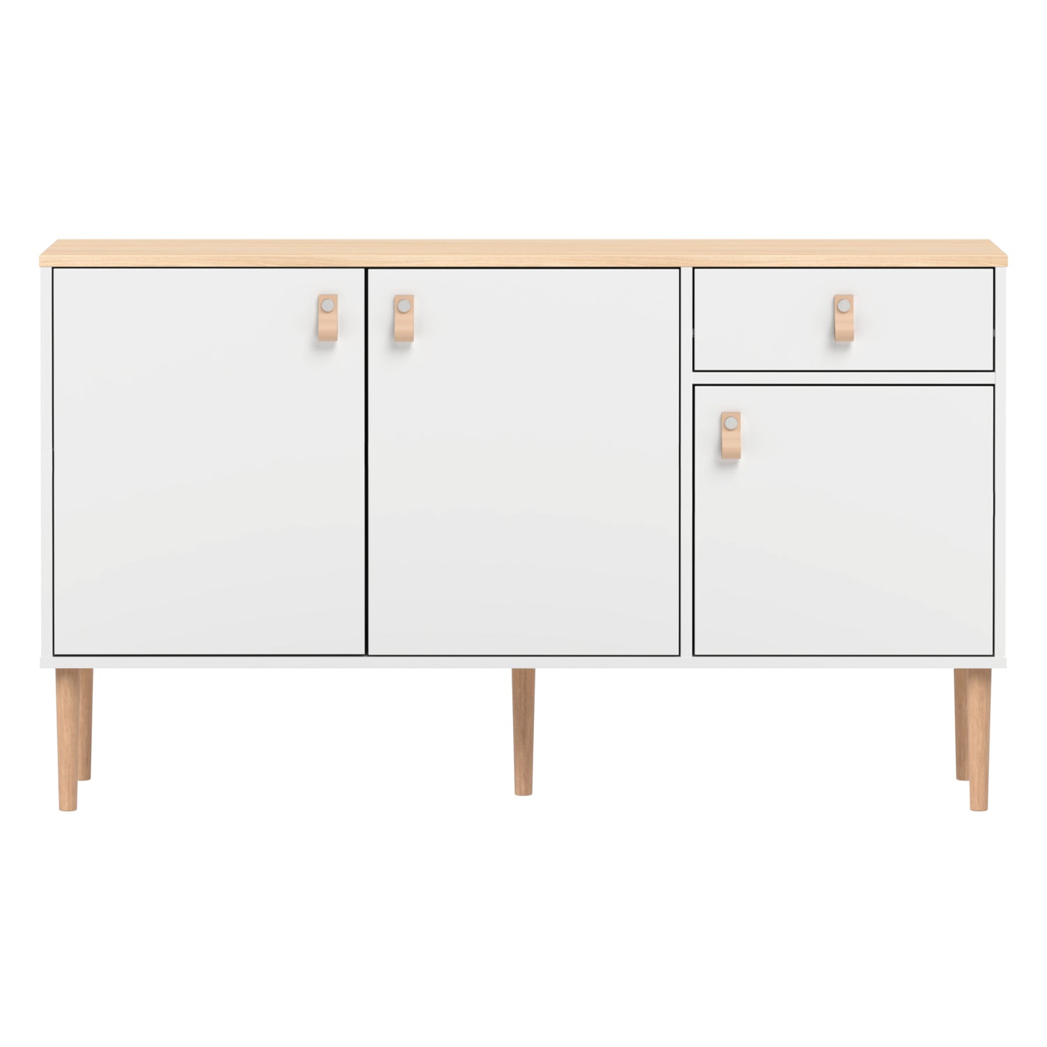 Valkoinen-luonnonvärinen Stemma-senkki lv-tammijaloilla sekä tammenvärisellä kannella. Kalusteessa on luonnonväriset nahkavetimet.