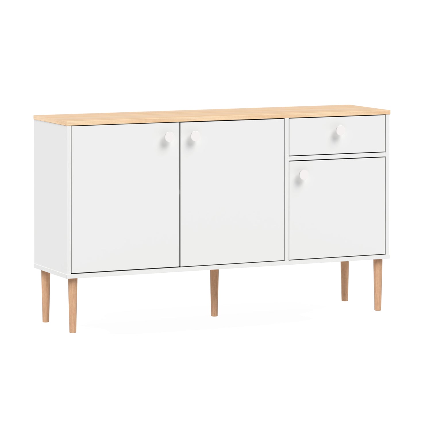 Valkoinen-luonnonvärinen Stemma-senkki lv-tammijaloilla sekä tammenvärisellä kannella. Kalusteessa on valkoiset nuppivetimet.